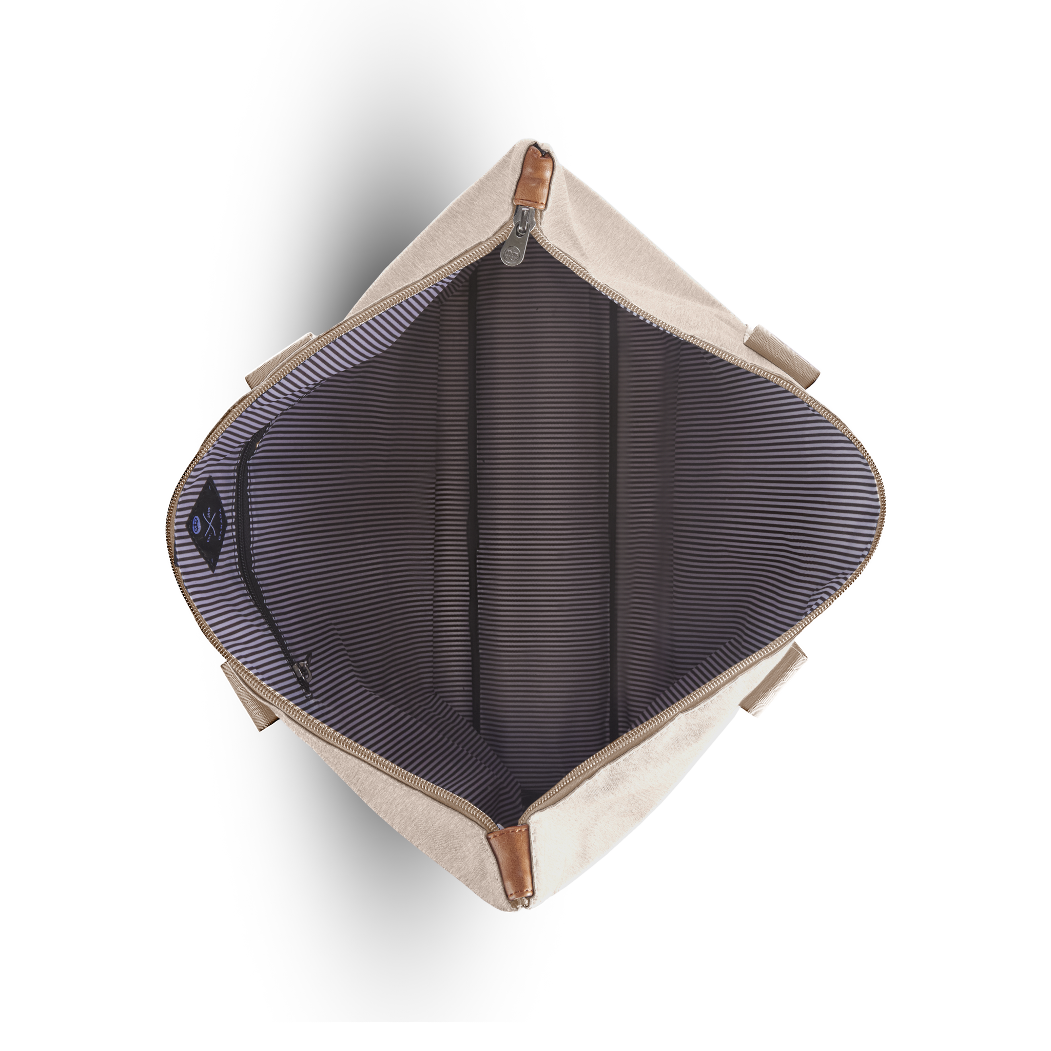 PKG Lawrence 16L Recycled Tote Bag (ginger root) top open view showing spacious interior for packing, as well as an inner pocket for valuables