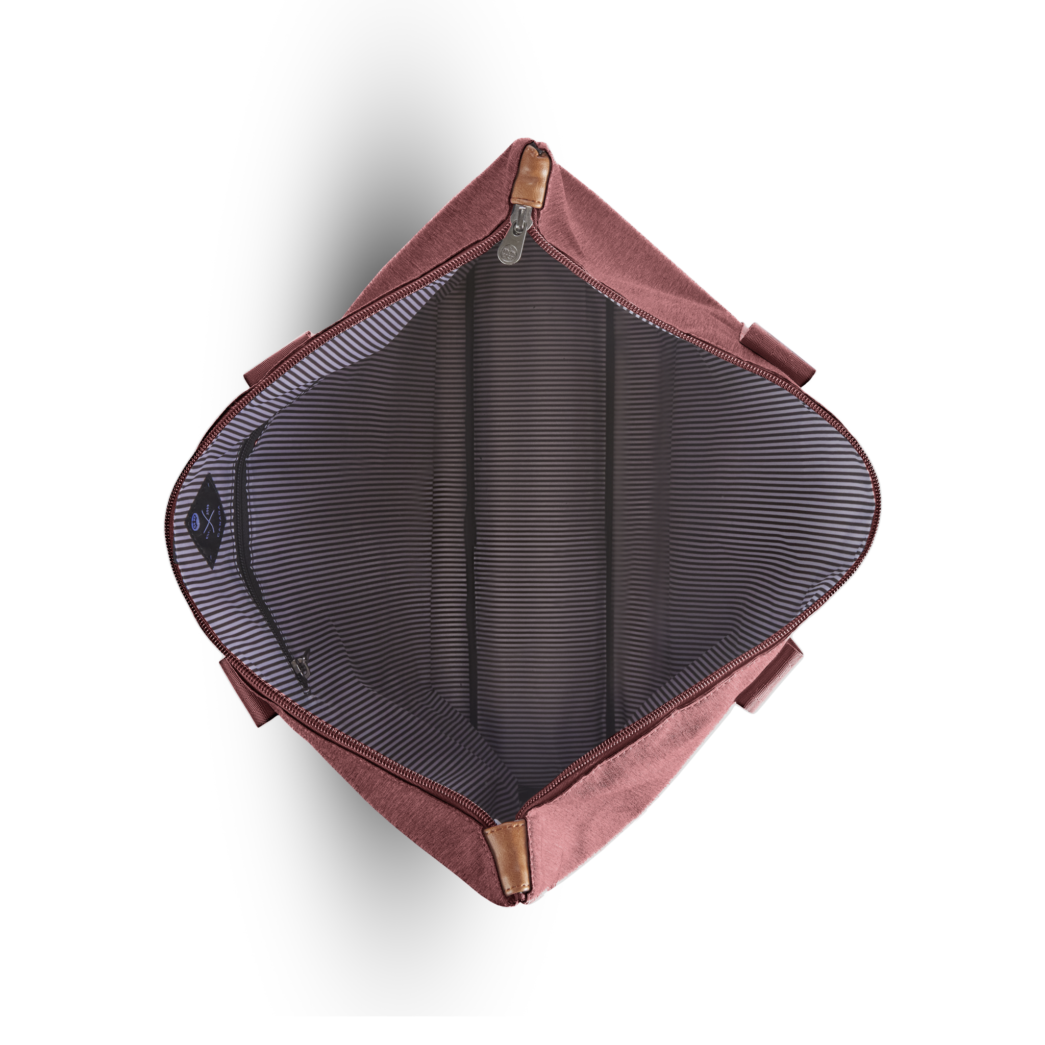 PKG Lawrence 16L Recycled Tote Bag (rum raisin) top open view showing spacious interior for packing, as well as an inner pocket for valuables