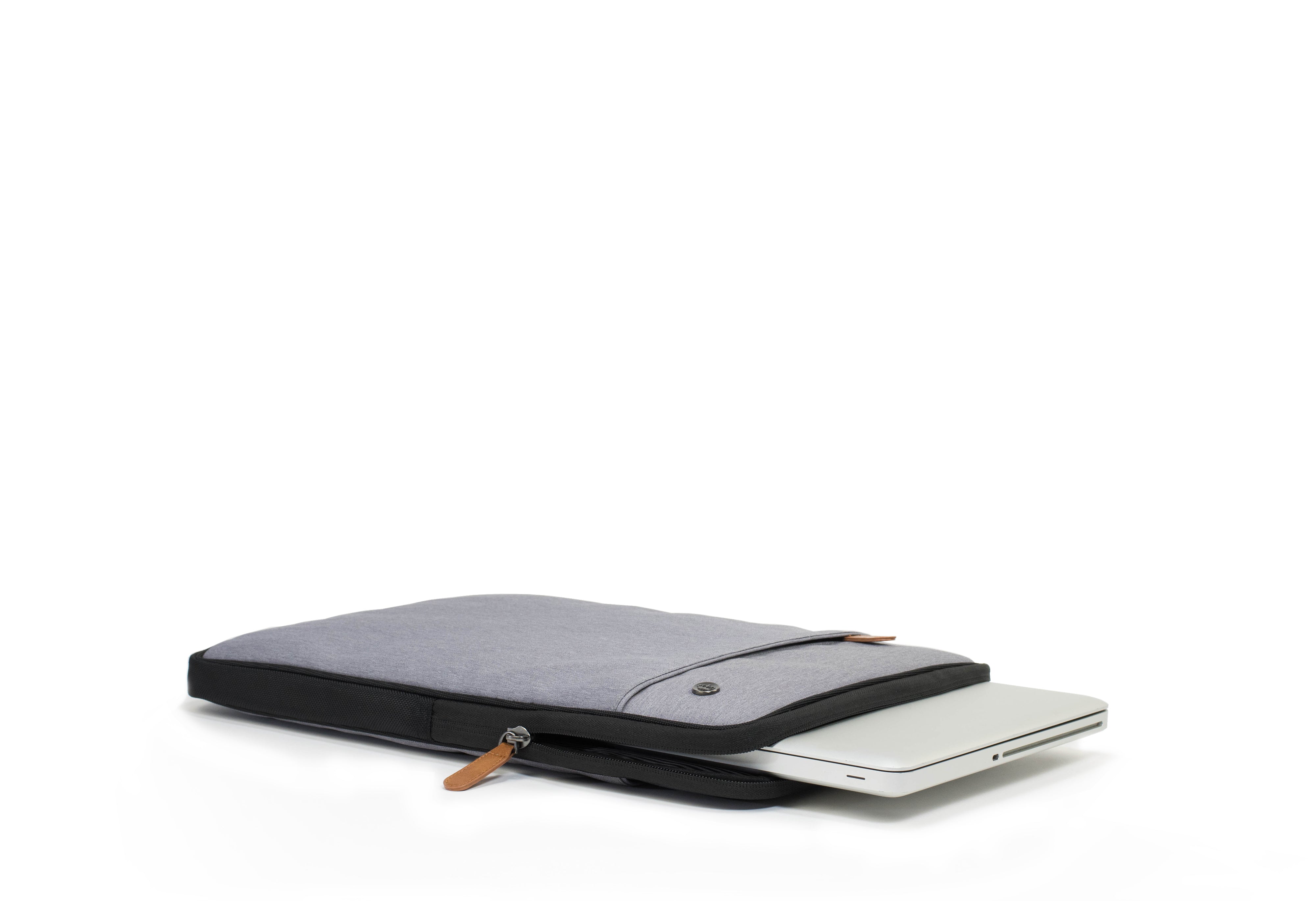PKG Stuff Recycled Laptop Sleeve (light grey) shown with laptop inserted into main compartment