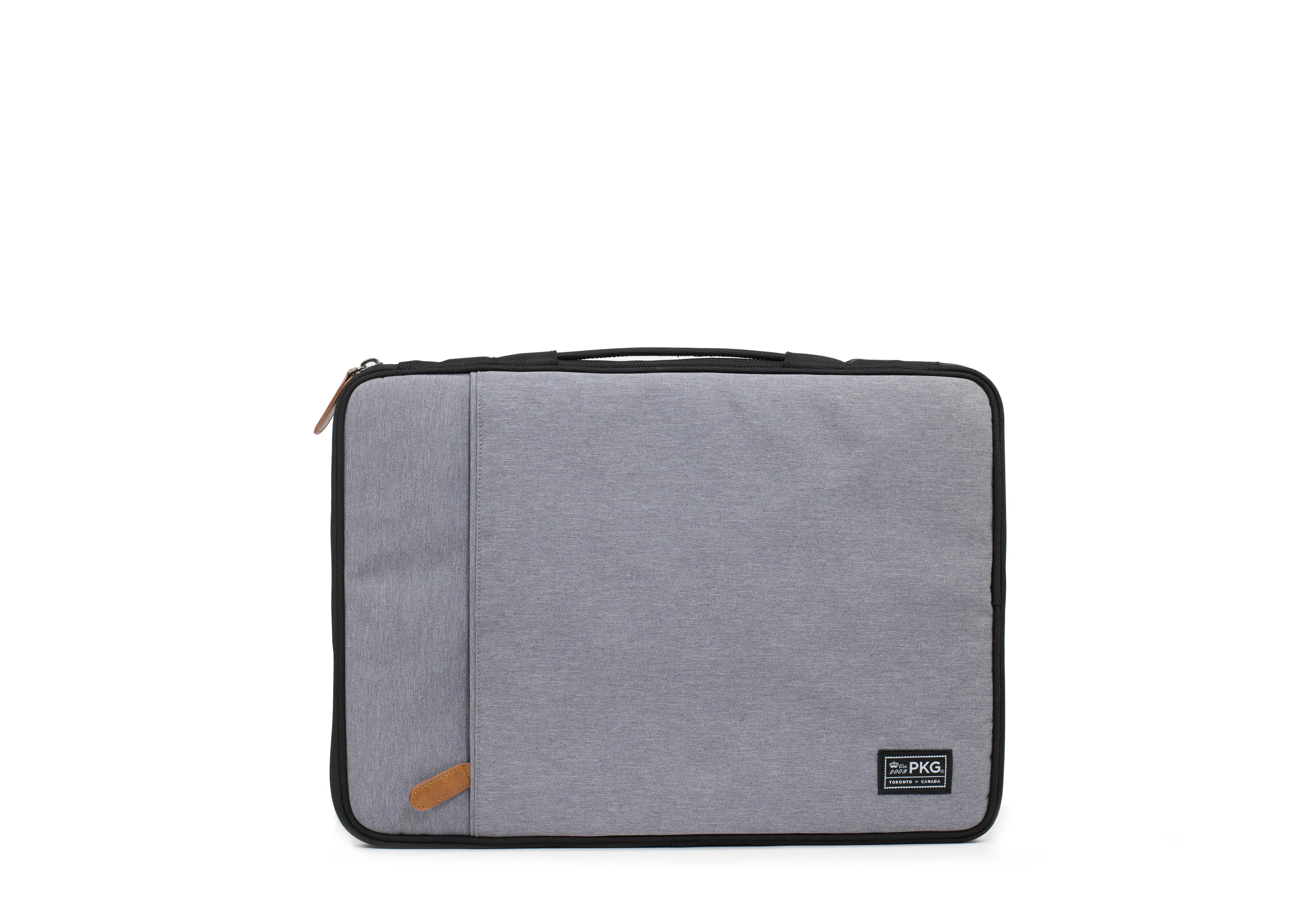 PKG Stuff Recycled Laptop Sleeve (light grey) front view showing outer pocket for additional storage