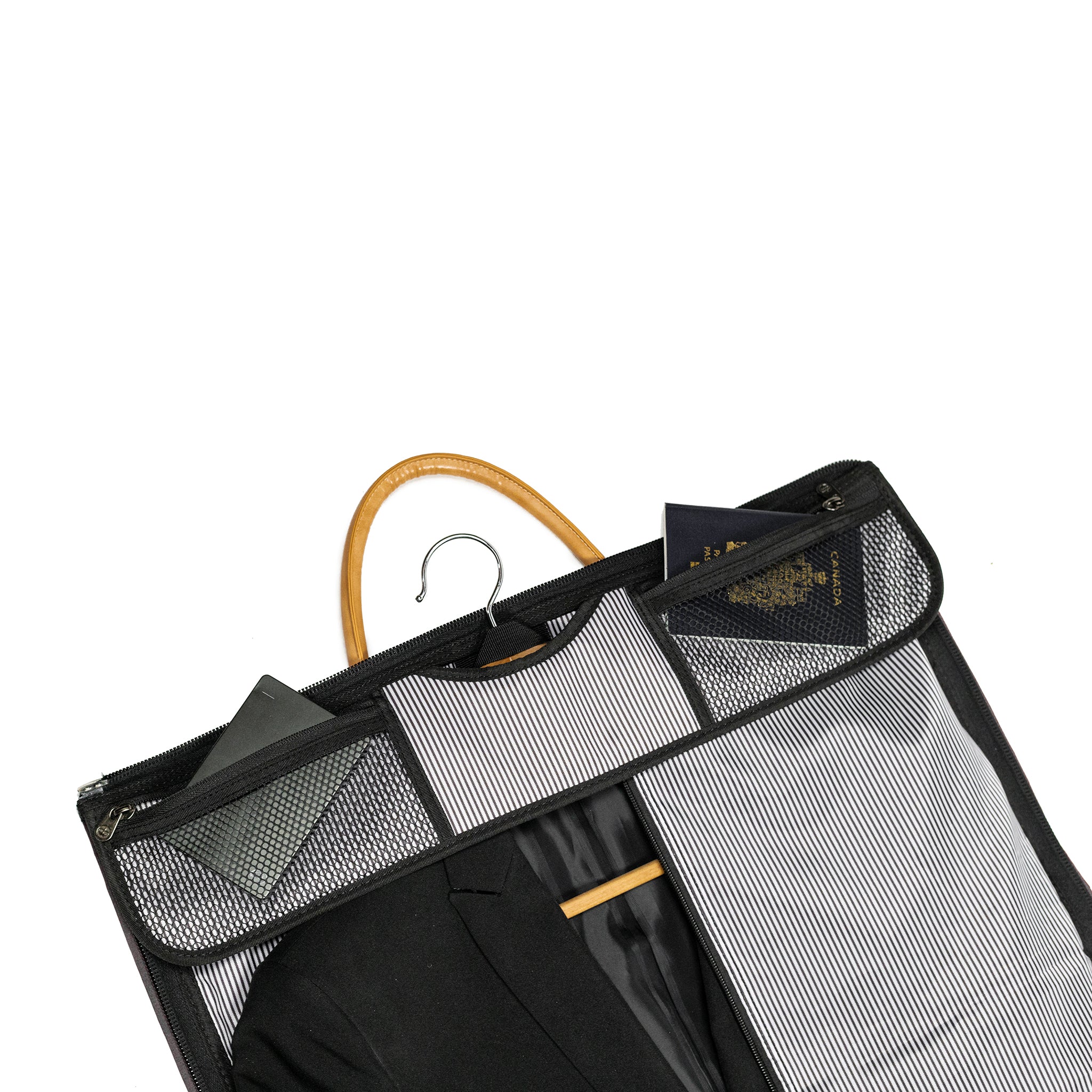 PKG Bishop 42L Recycled Duffle Bag showing inside opened duffel, revealing storage compartments