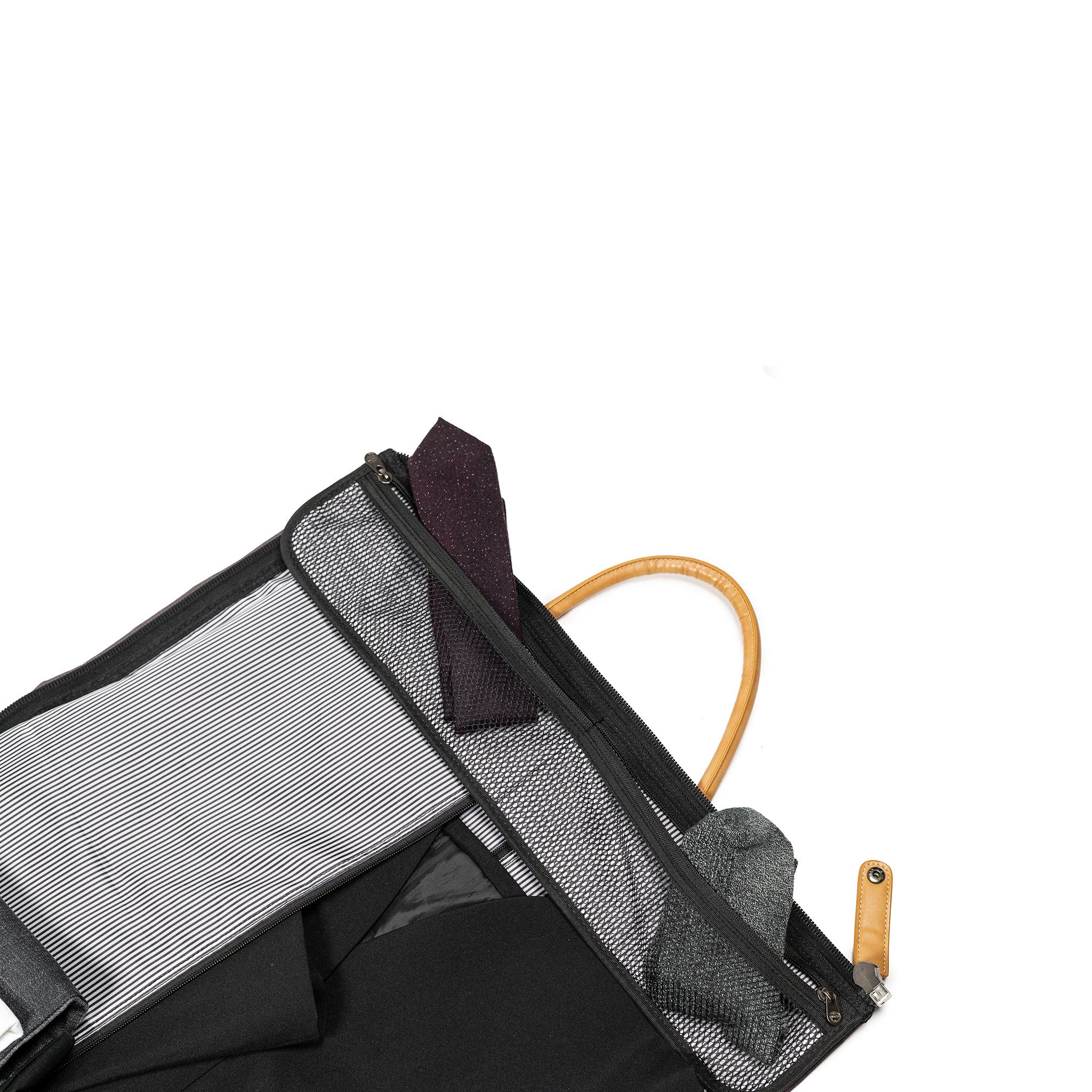 PKG Bishop 42L Recycled Duffle Bag showing inside opened duffel, revealing storage compartments