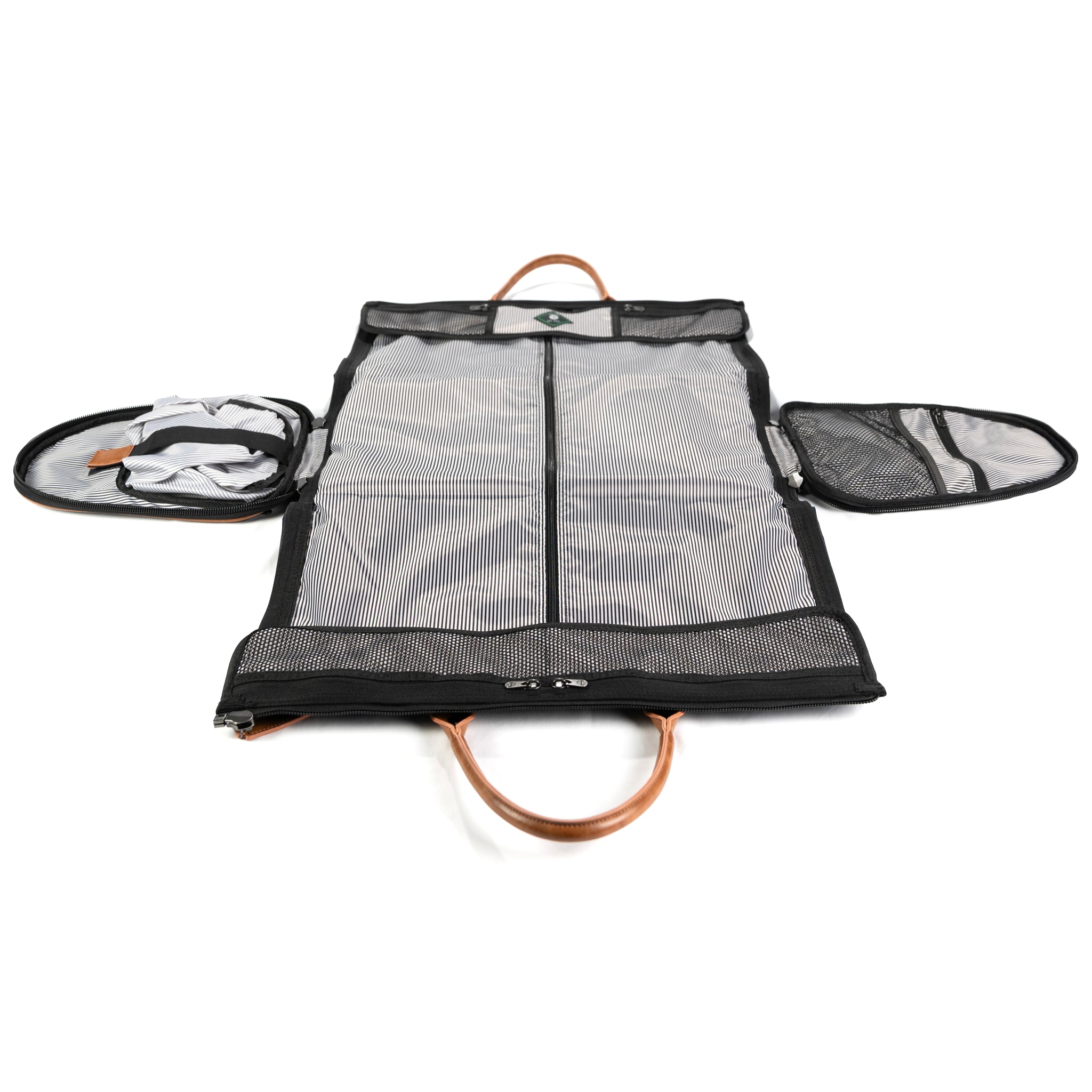 PKG Bishop 42L Recycled Duffle Bag showing inside opened duffel, revealing storage compartments