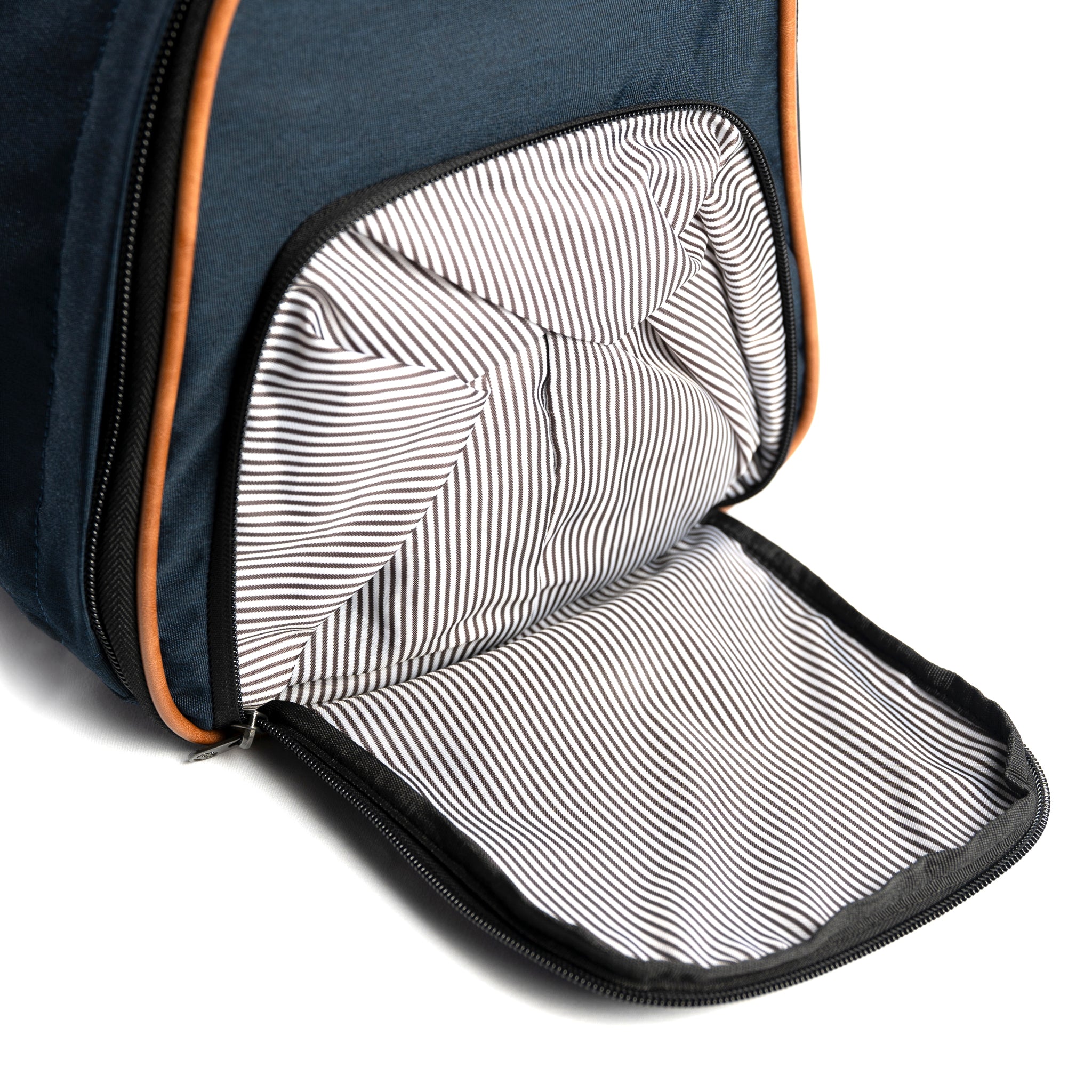 PKG Bishop 42L Recycled Duffle Bag (navy) detailed view of shoe/laundry compartment
