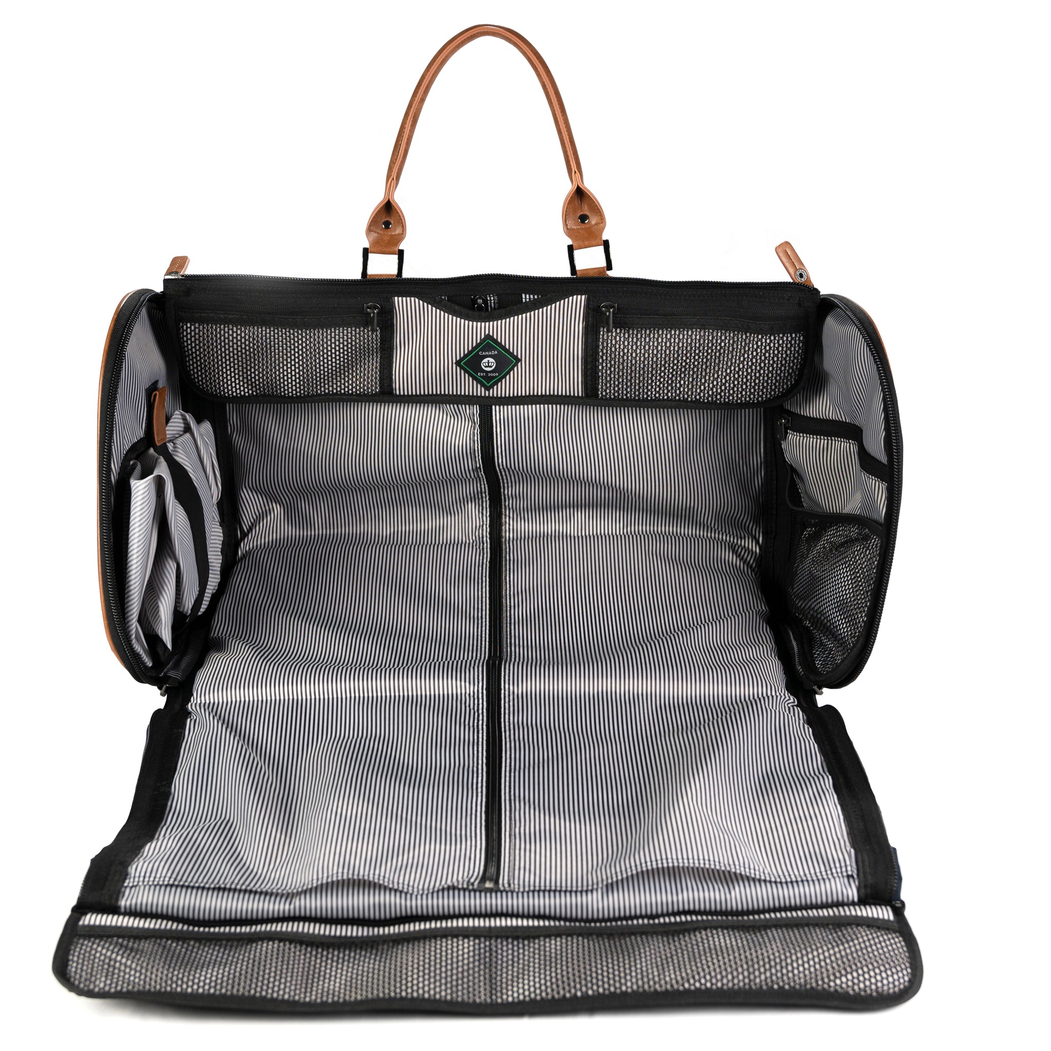 PKG Bishop 42L Recycled Duffle Bag showing inside opened duffel, revealing storage compartments