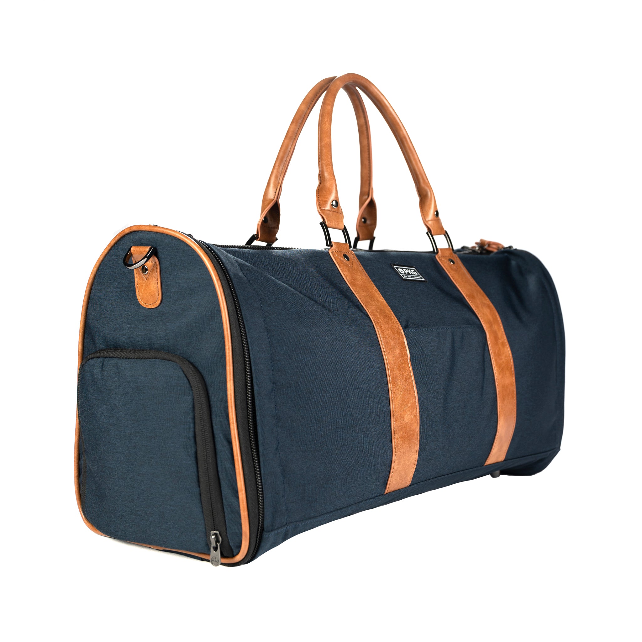 PKG Bishop 42L Recycled Duffle Bag (navy) – a versatile, weather-resistant travel companion for weekdays and weekend getaways. With dedicated shoe/laundry compartment, padded laptop storage, and integrated organization, stay organized on the go