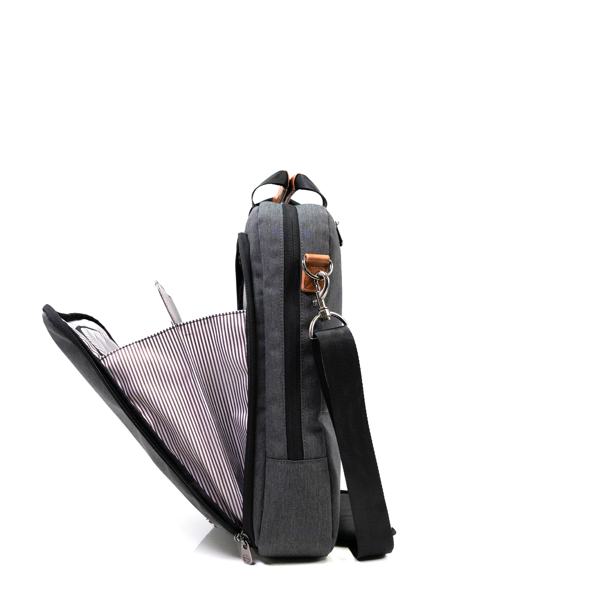PKG Riverdale 11L Messenger Bag side view showing open filing compartment
