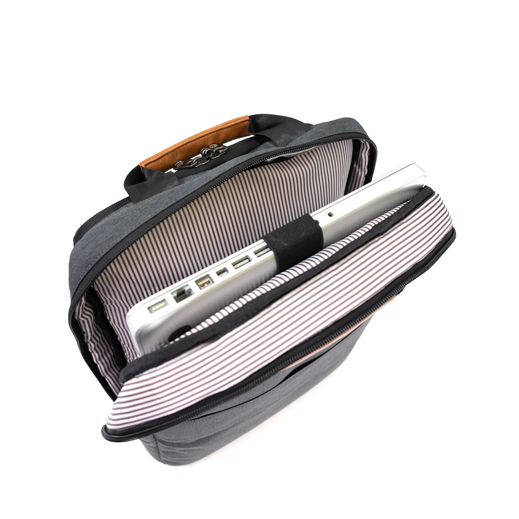 PKG Riverdale 11L Messenger Bag open, showing dedicated laptop pocket secured with velcro strap