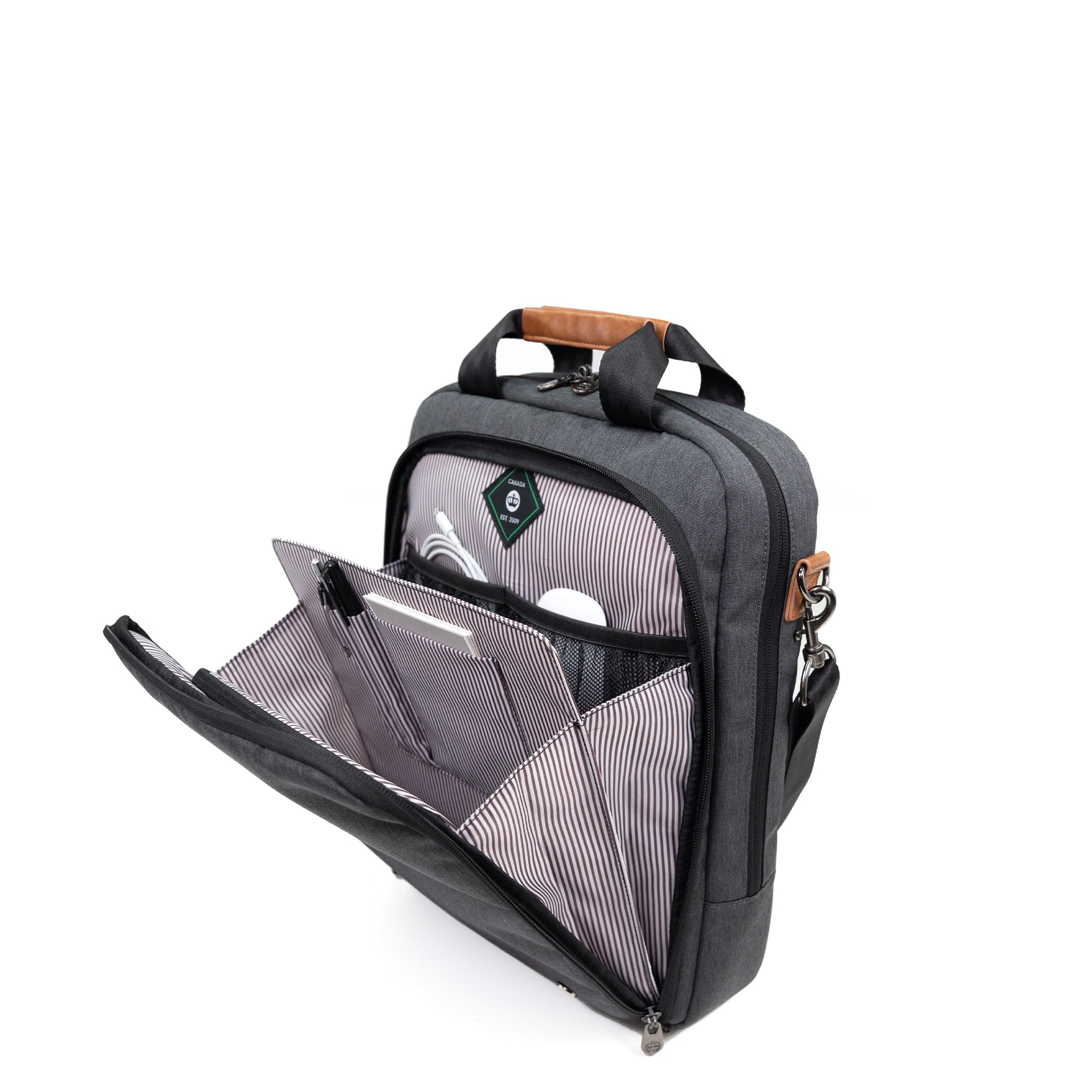 PKG Riverdale 11L Messenger Bag open view showing organized filing storage for the office or school