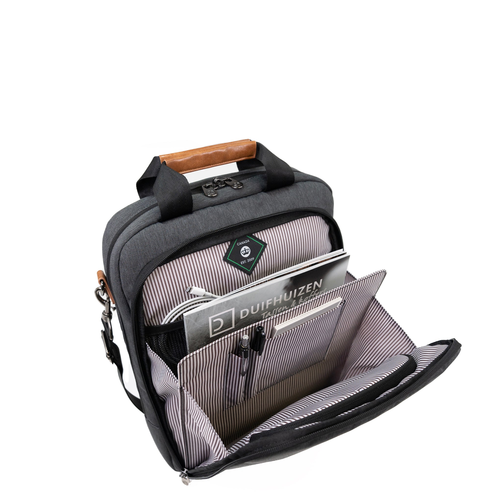 PKG Riverdale 11L Messenger Bag open view showing organized filing storage for the office or school