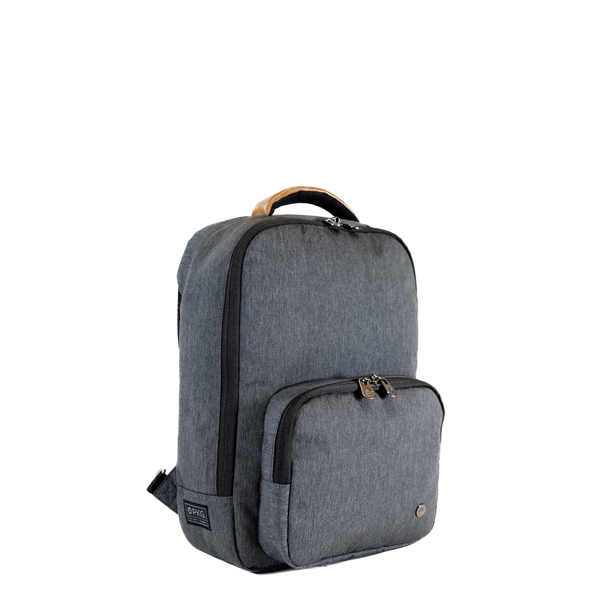 PKG Robson 12L Cross-Body Laptop Bag. Weatherproof, recycled, and vegan-friendly. Features include a padded laptop pocket, adjustable strap, lockable zippers, hidden security pocket, and key clip