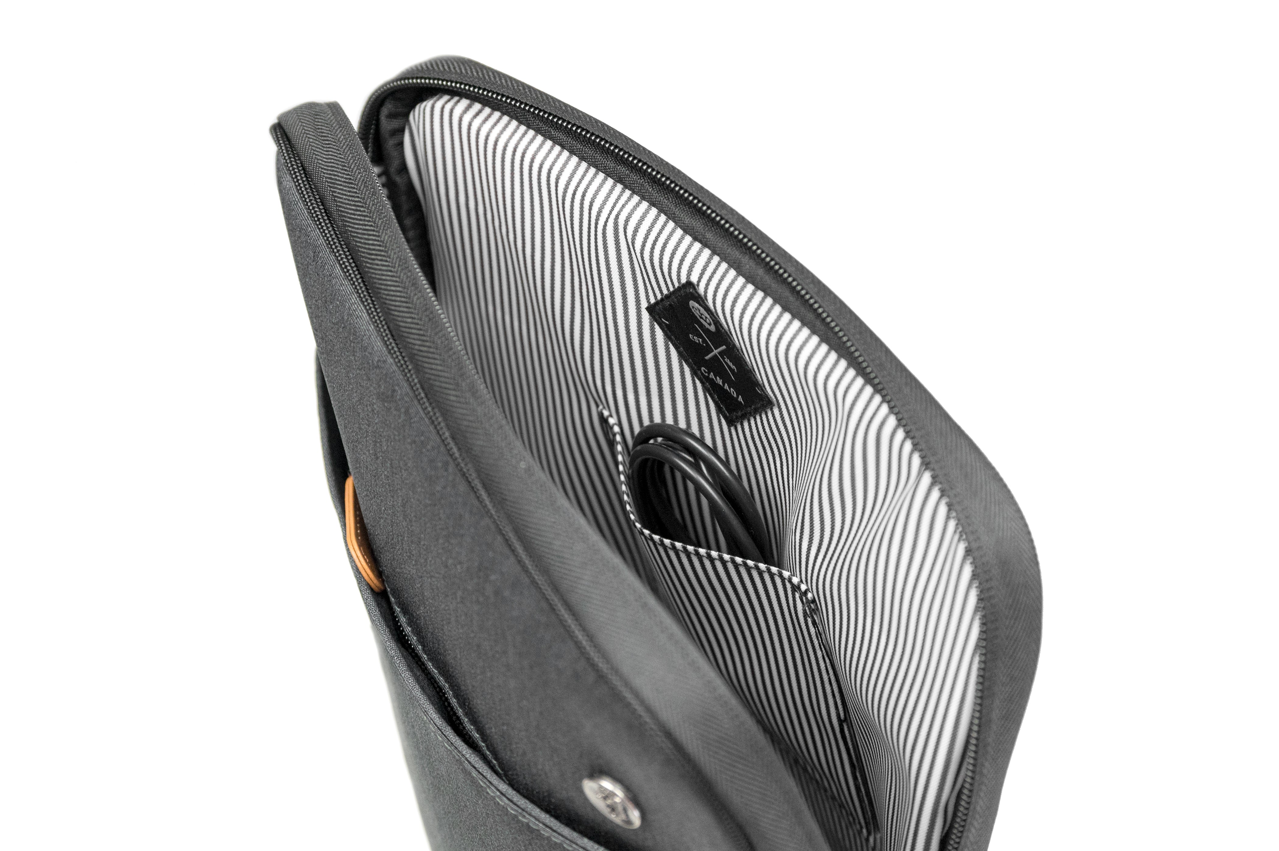 PKG Stuff Recycled Laptop Sleeve (dark grey) open, showing inner organization for electronic accesories