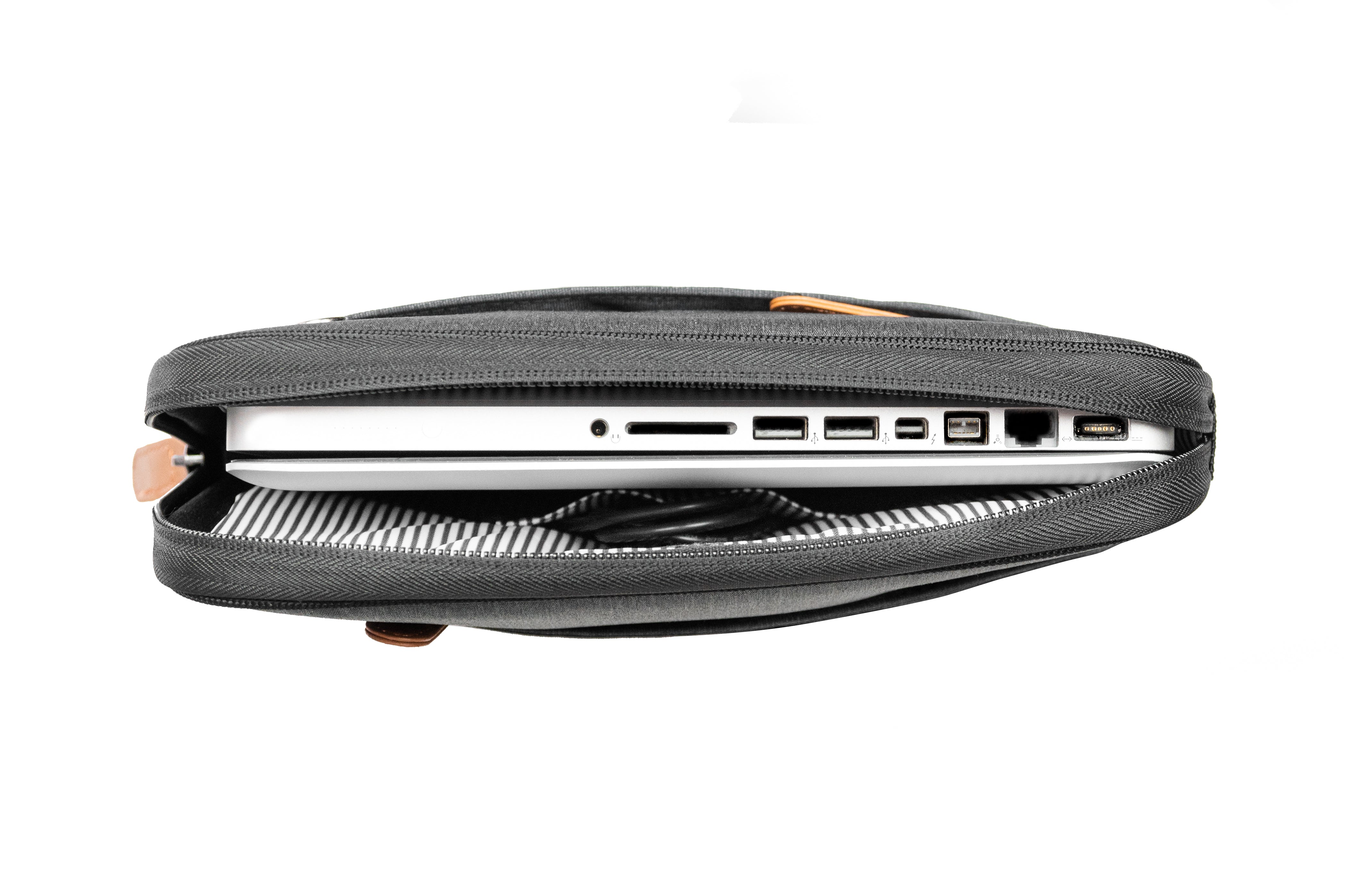 PKG Stuff Recycled Laptop Sleeve (dark grey) open shown with laptop inserted into main compartment