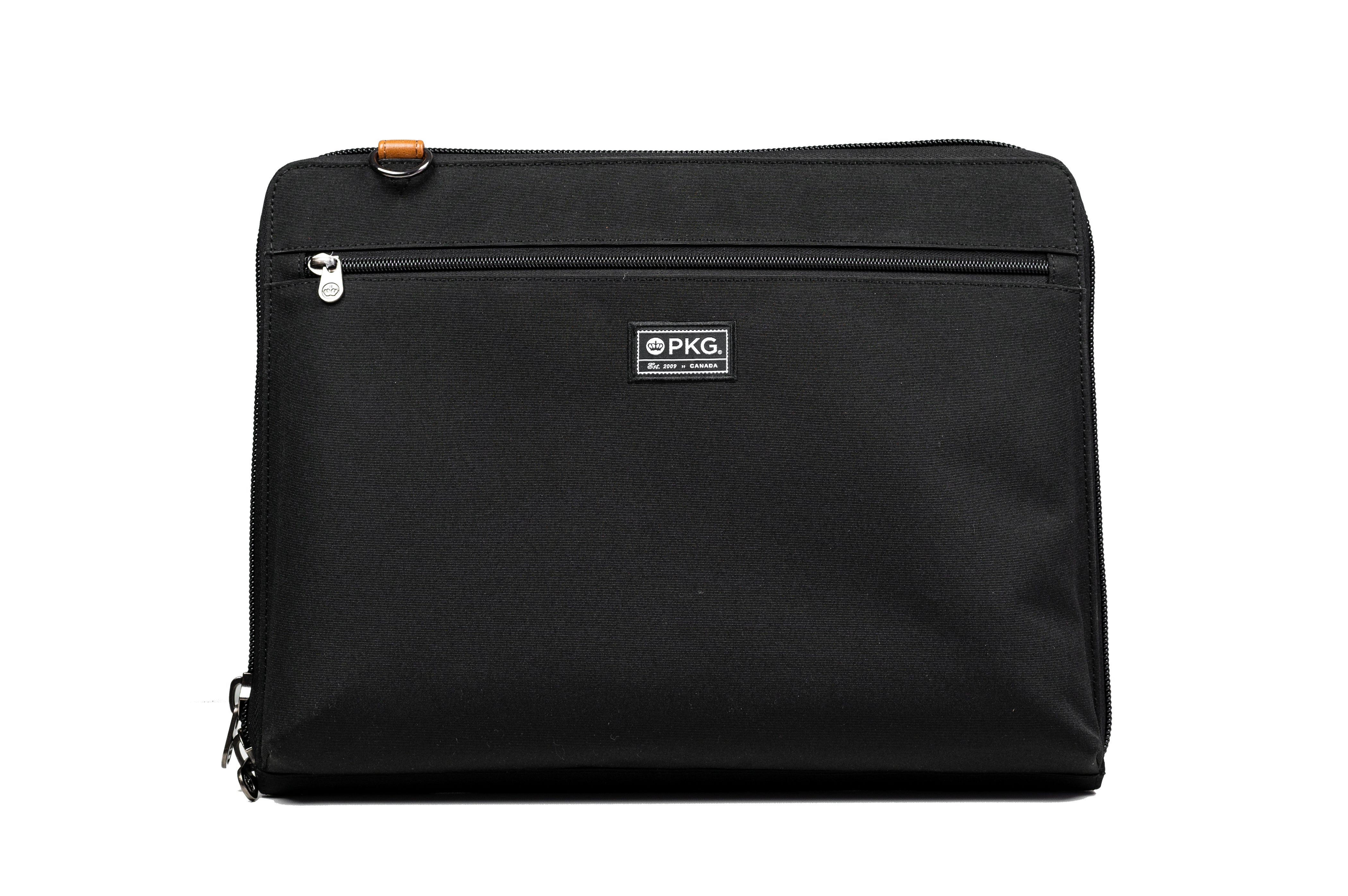 PKG Wellington 10L Messenger (black) front view showing outer pocket for additional access