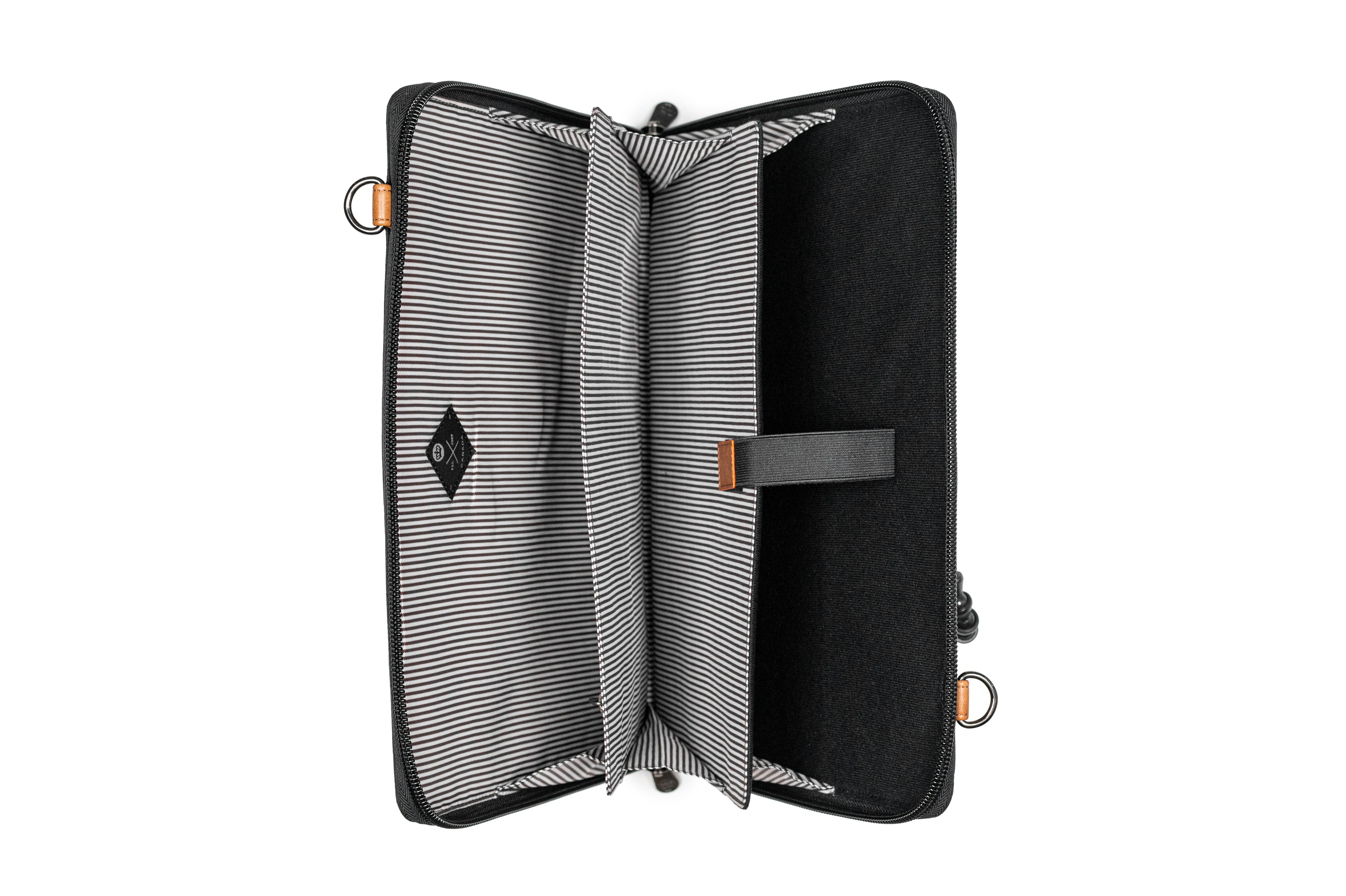 PKG Wellington 10L Messenger (black) showing accordion style file slots with built in organization for office equipment and laptop