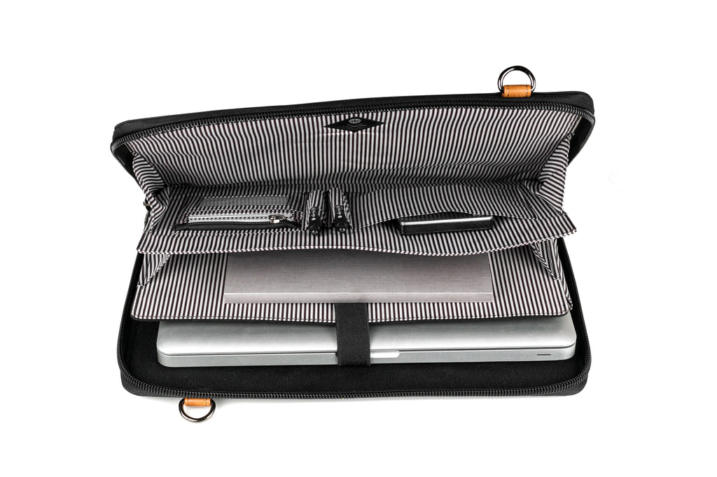 PKG Wellington 10L Messenger (dark grey) top open view showing accordion style file slots with built in organization for office equipment and laptop
