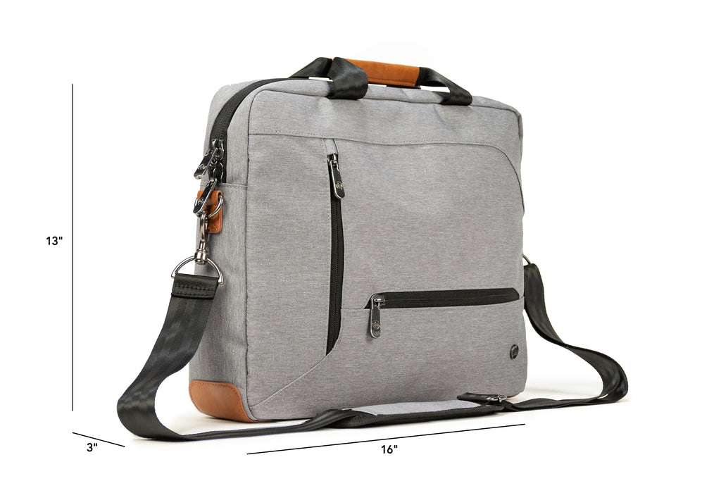 PKG Annex recycled messenger shoulder bag (light grey) angled view with shoulder strap and dimensions