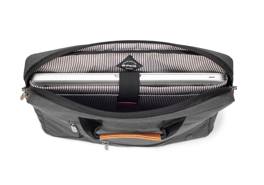 PKG Annex recycled messenger shoulder bag (dark grey) top open view showing dedicated laptop pocket