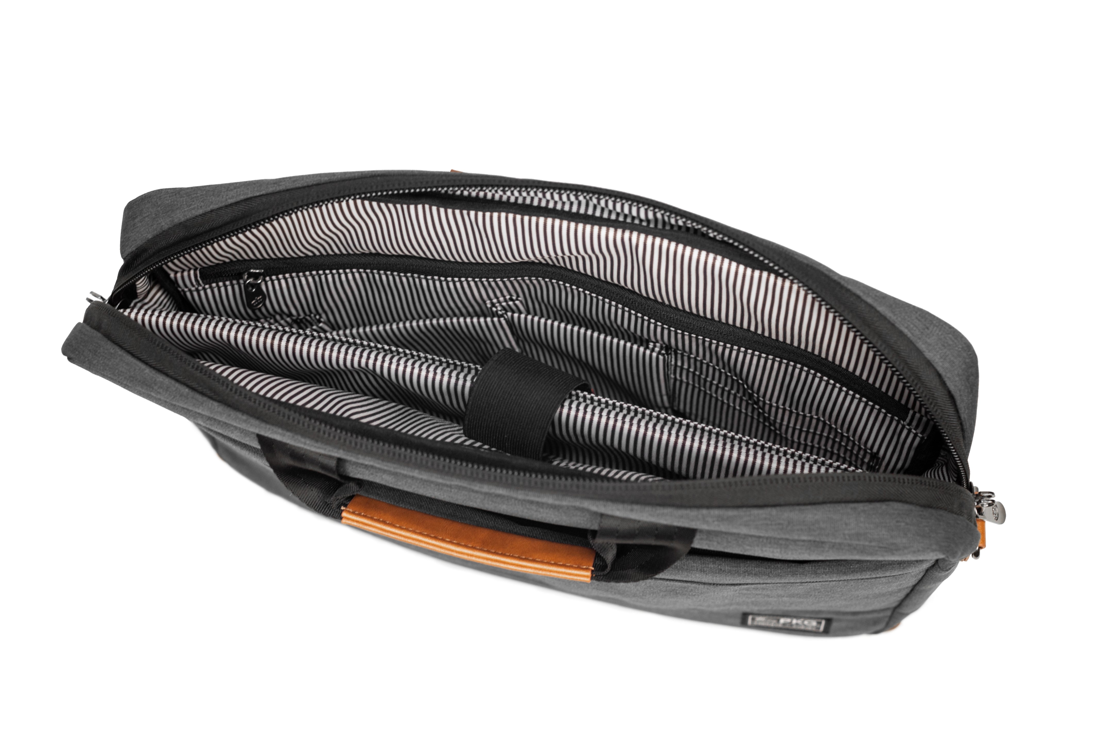 PKG Annex recycled messenger shoulder bag (dark grey) top open view showing organization pockets