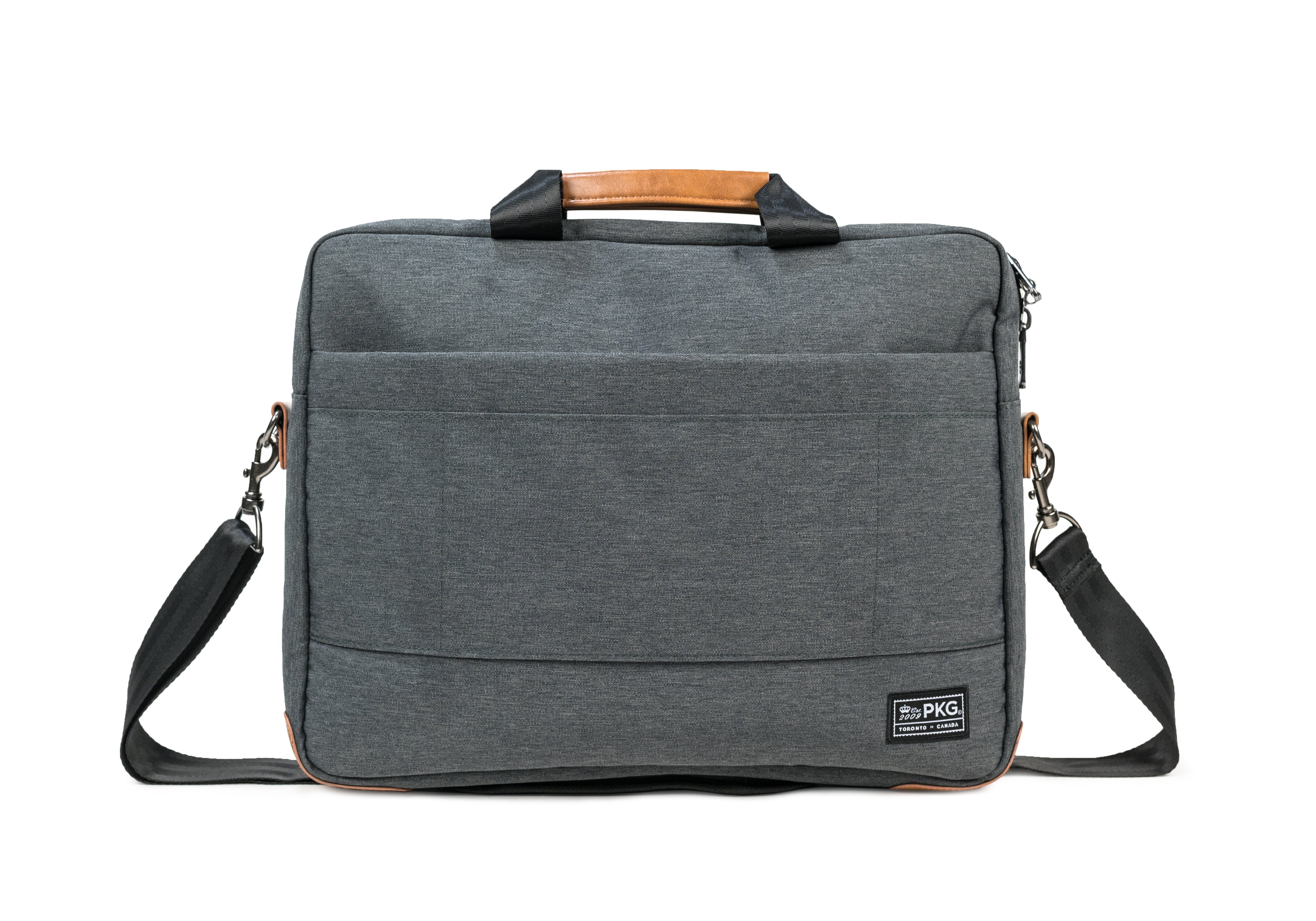 PKG Annex recycled messenger shoulder bag (dark grey) back view showing trolley strap