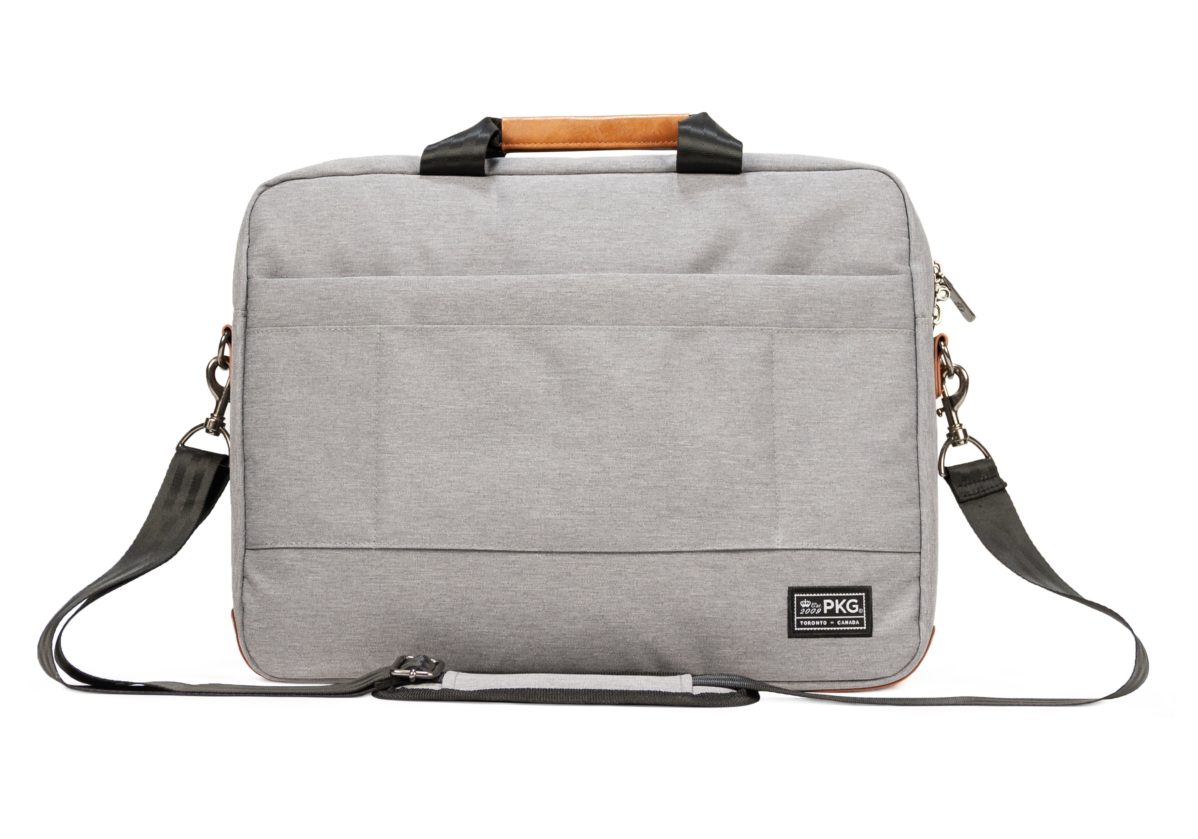 PKG Annex recycled messenger shoulder bag (light grey) back view, showing trolley strap