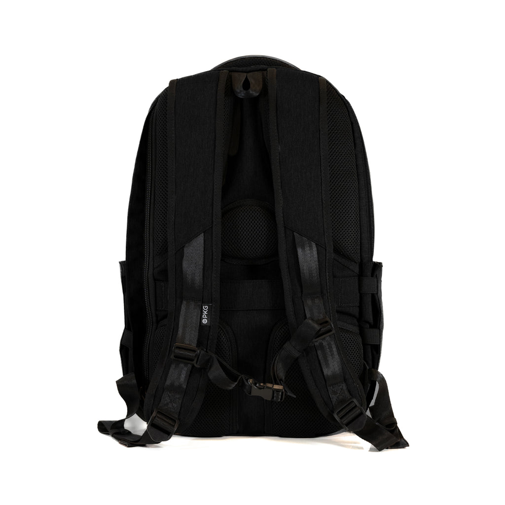 PKG Aurora recycled backpack (black) back view showing shoulder straps and breathable padding
