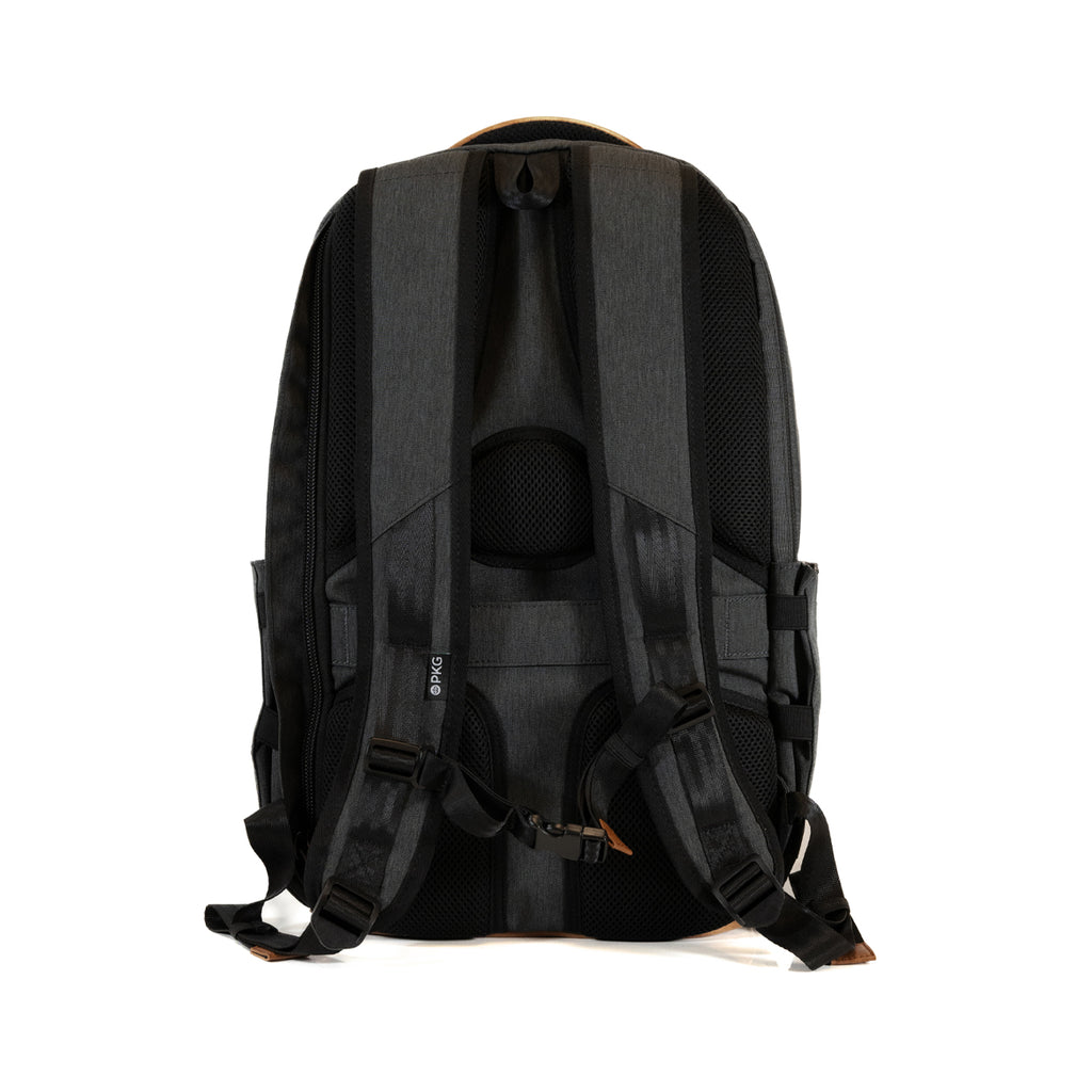 PKG Aurora recycled backpack (grey) back view showing shoulder straps and breathable padding