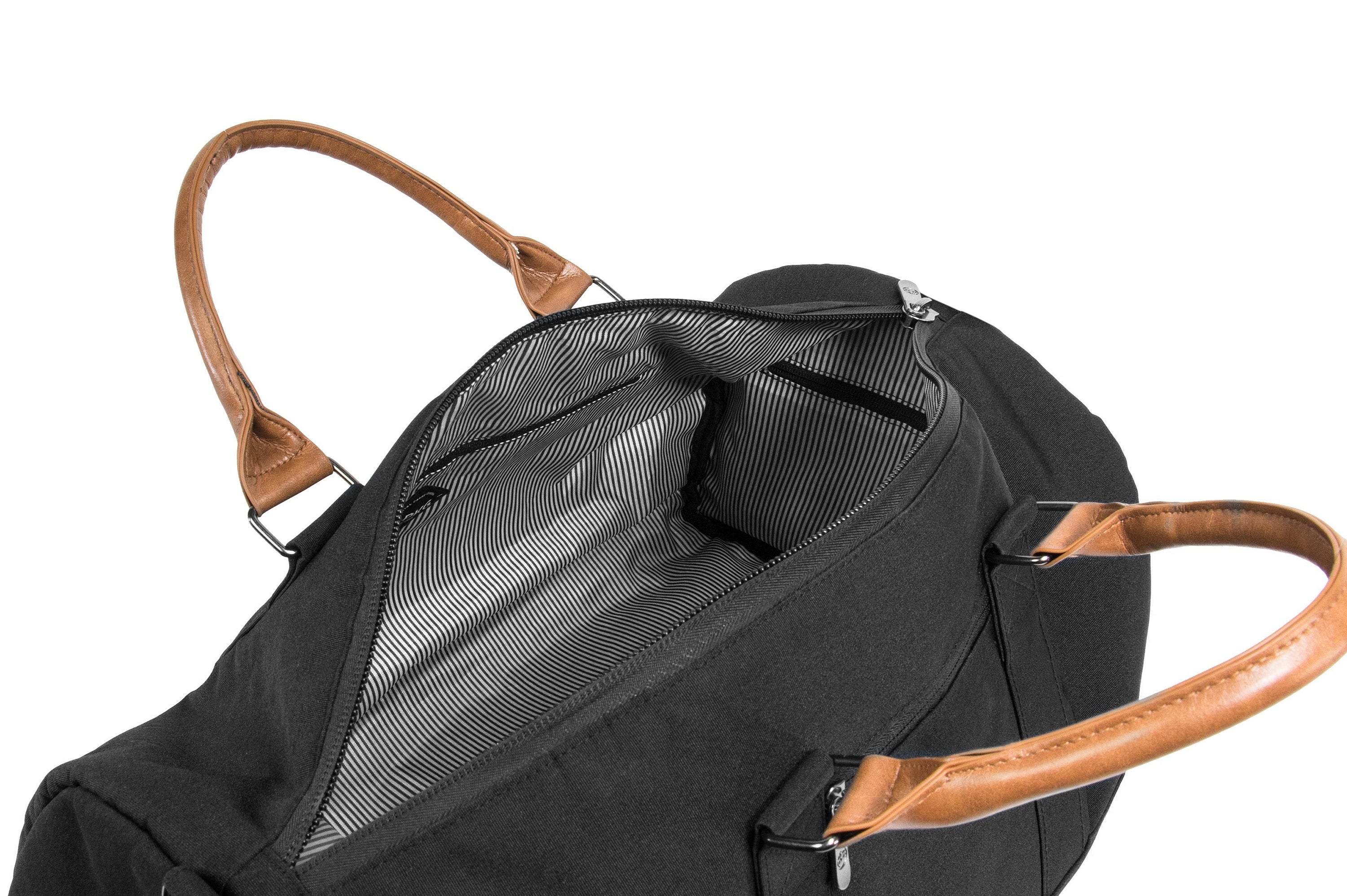 PKG Bishop 42L recycled duffle bag (black) angled top view showing open bag with inner compartments