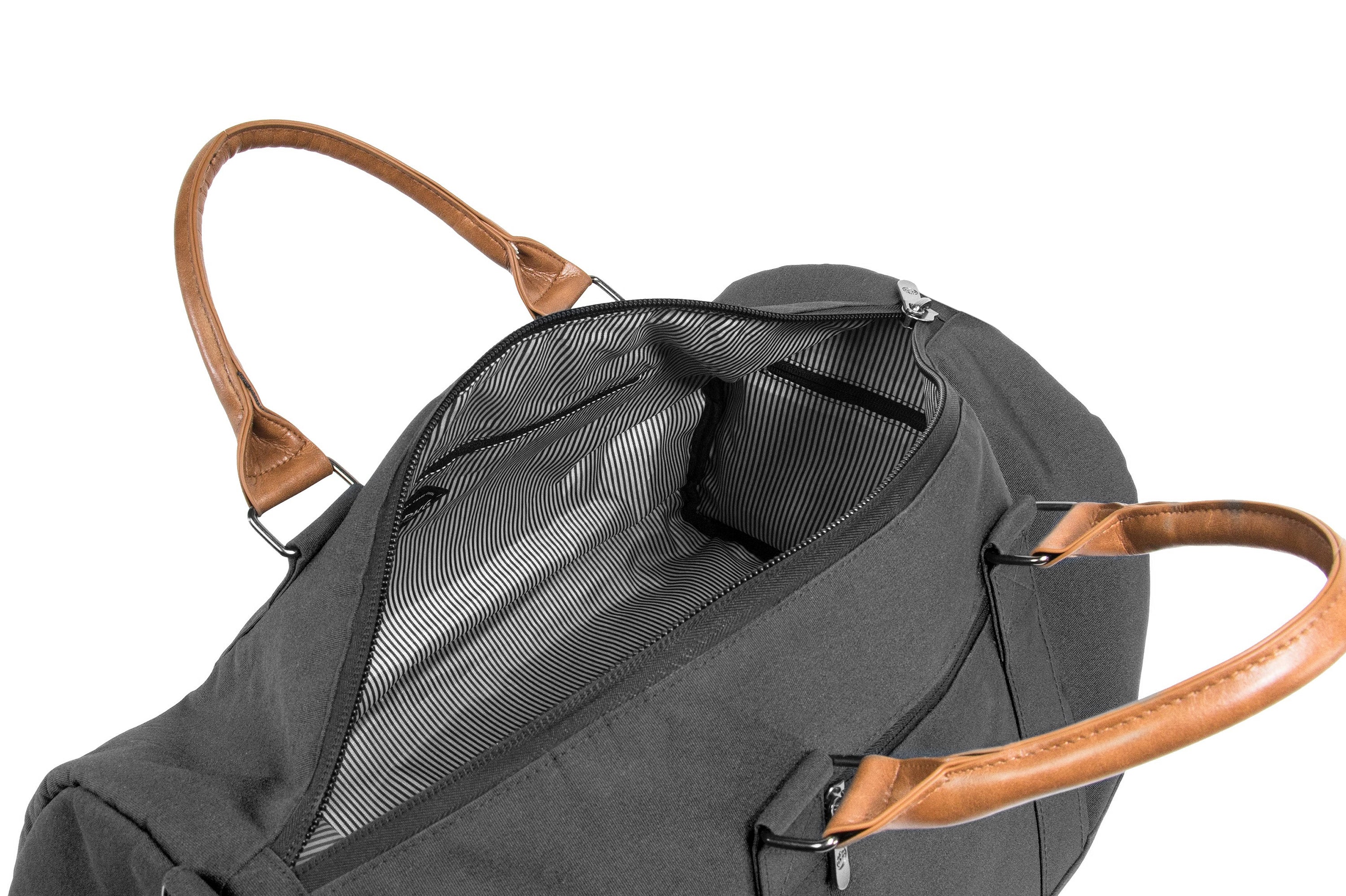 PKG Bishop 42L recycled duffle bag (dark grey) top angled, shown open with inner compartments