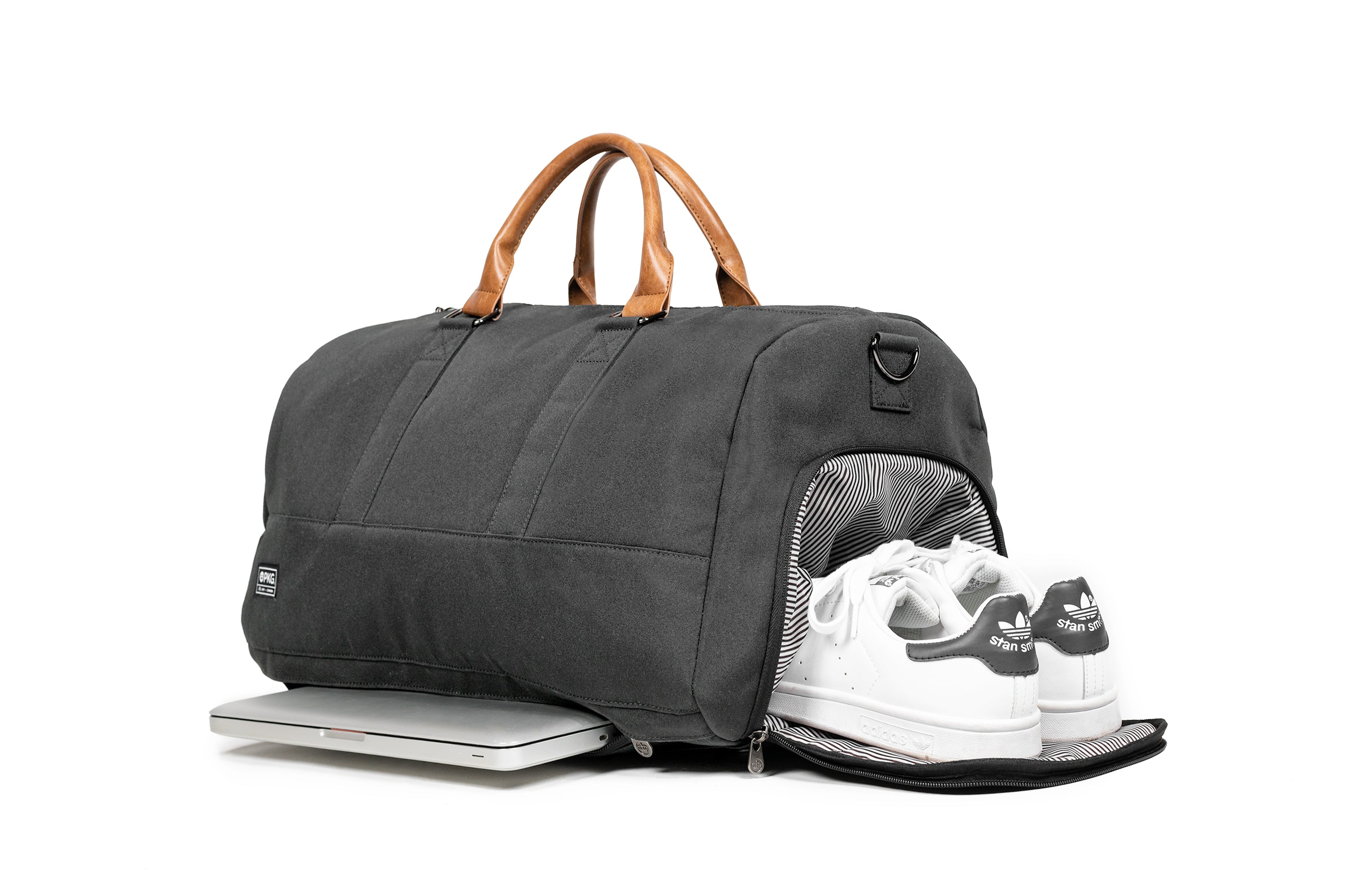 PKG Bishop 42L recycled duffle bag (dark grey) showing both the dedicated shoe compartment and padded laptop compartment