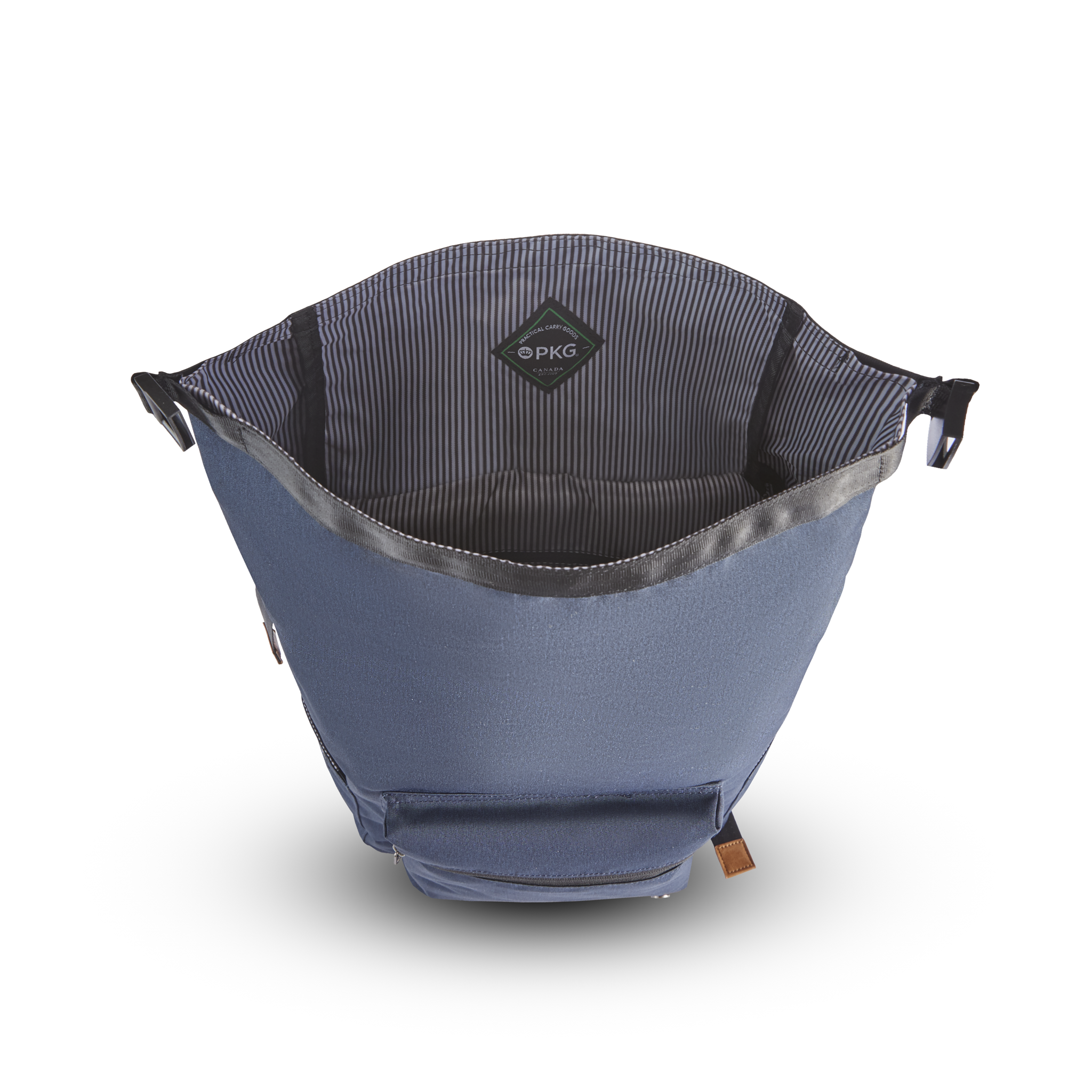 Dawson 28L Roll-Top recycled backpack (navy) top view showing open roll-top with reinforced lining