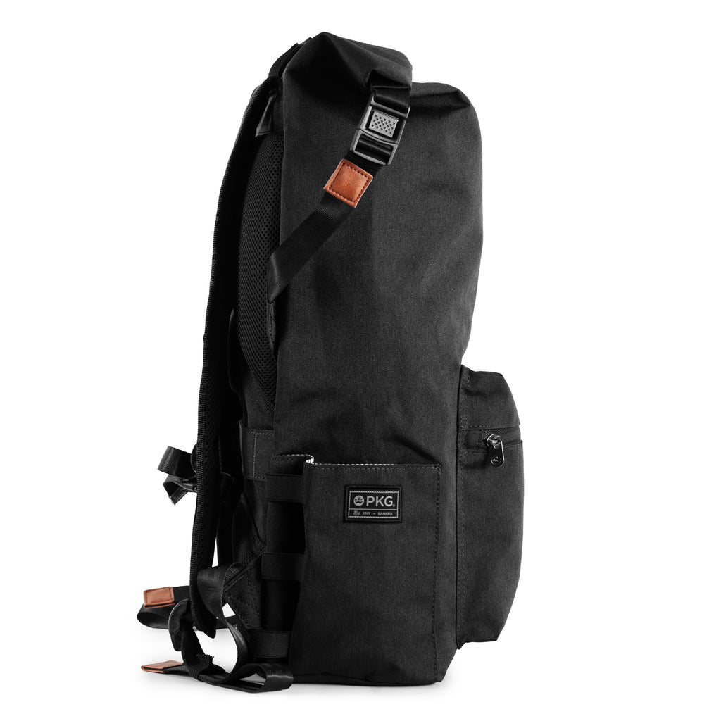 Dawson 28L Roll-Top recycled backpack (black) side view showing water bottle pocket and roll-top securing clip
