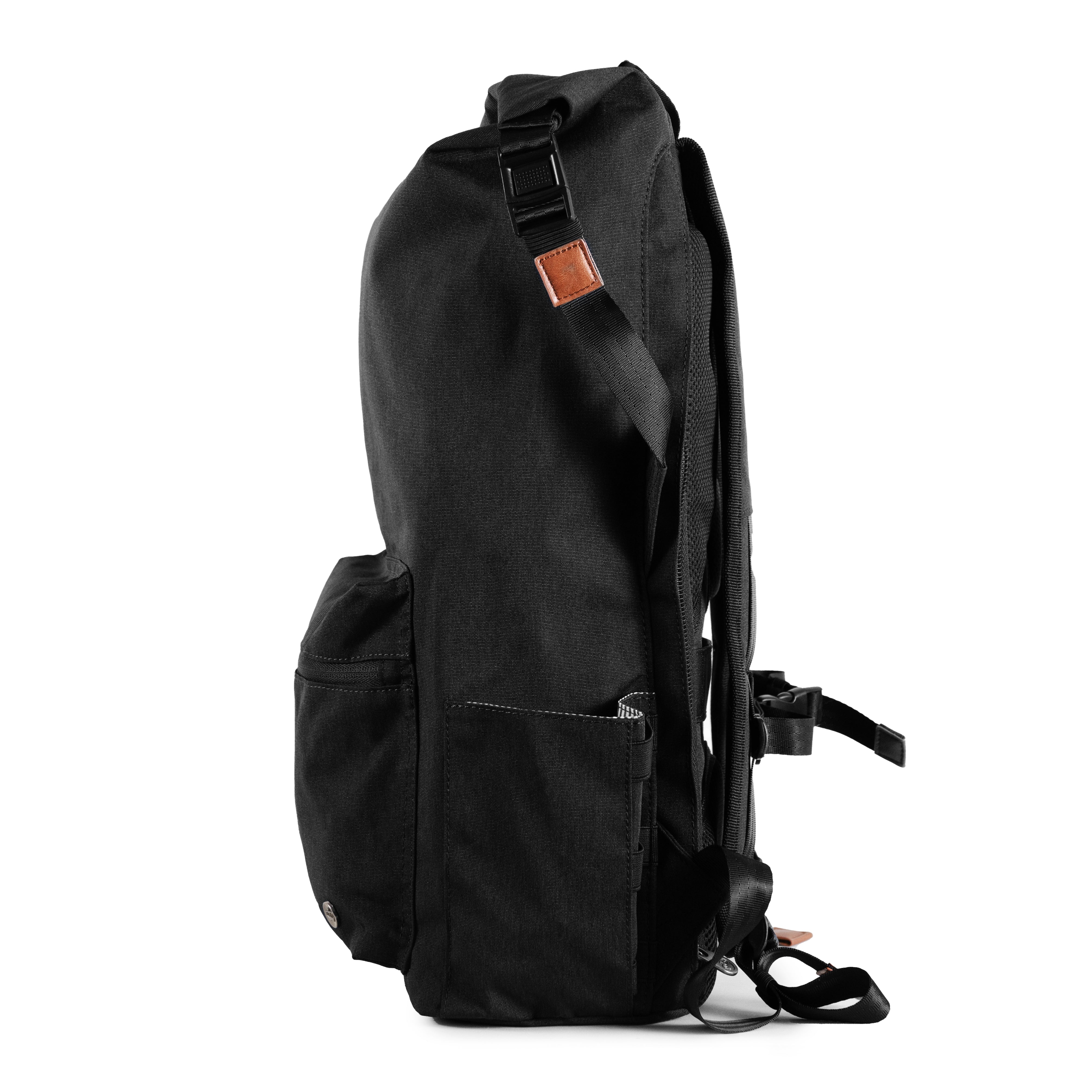 Dawson 28L Roll-Top recycled backpack (black) side view showing water bottle pocket and roll-top securing clip