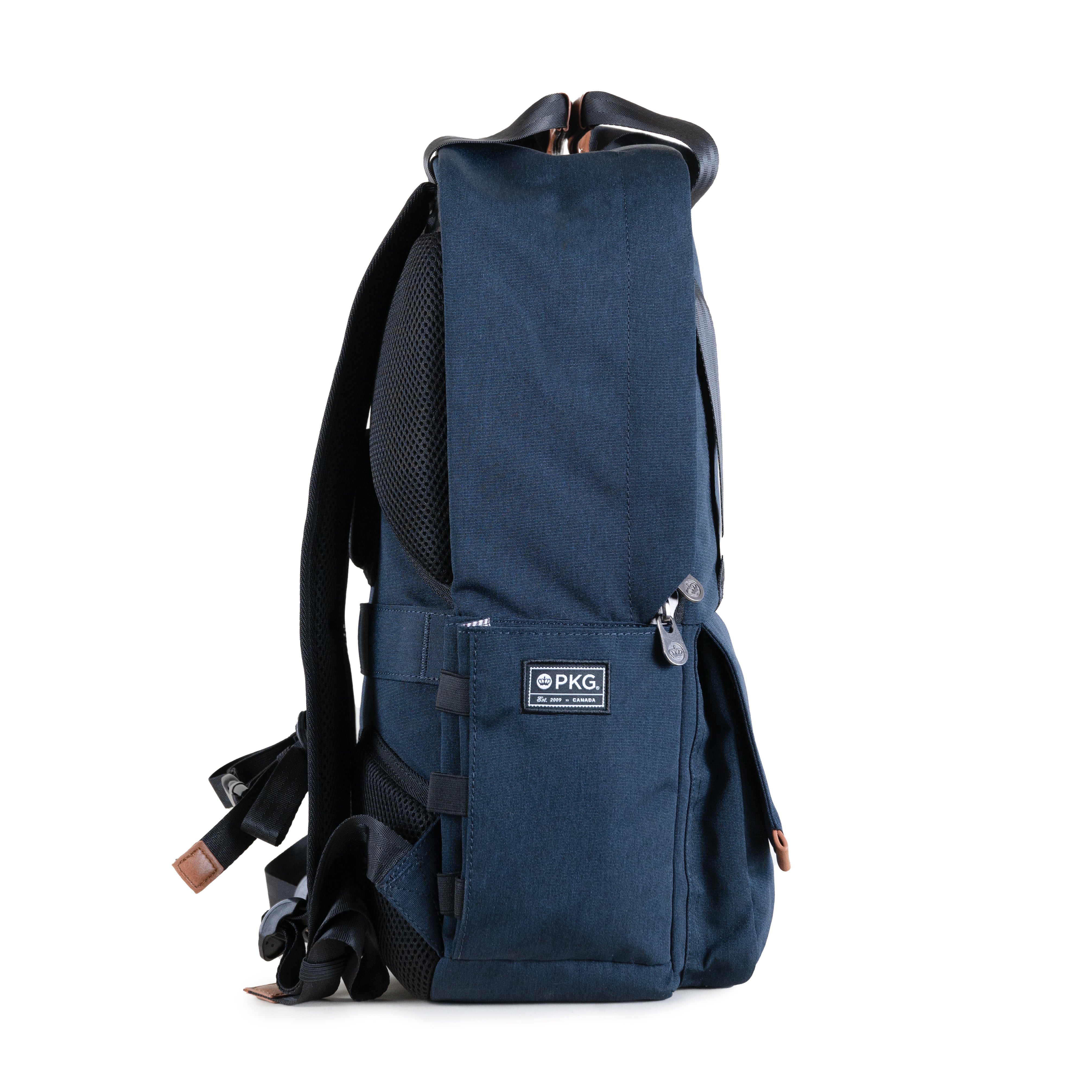 PKG Rosseau 19L Recycled Backpack Tote (navy) side view showing water bottle pocket