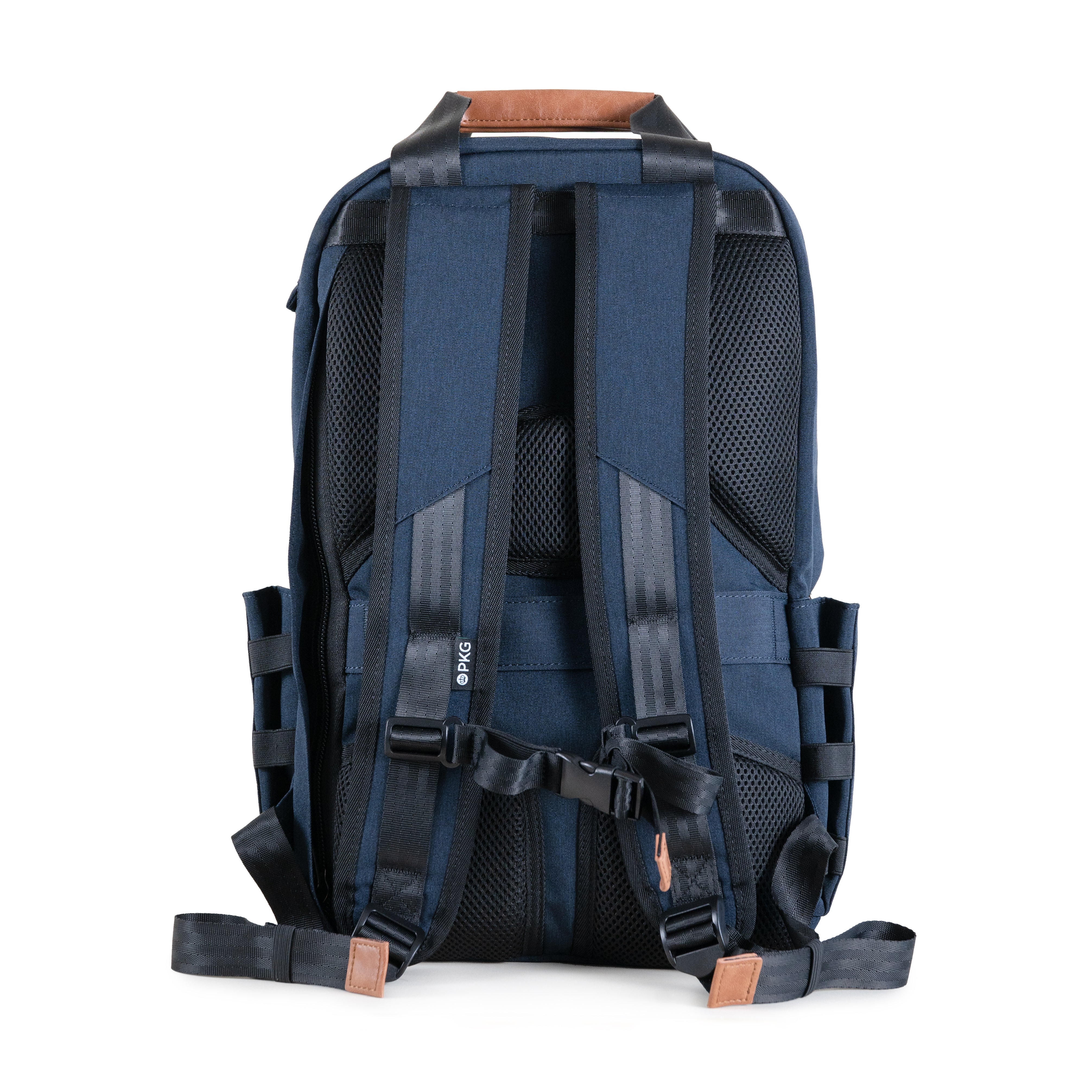 PKG Rosseau 19L Recycled Backpack Tote (navy) back view showing adjustable shoulder straps, trolley strap, and breathable padding for comfort