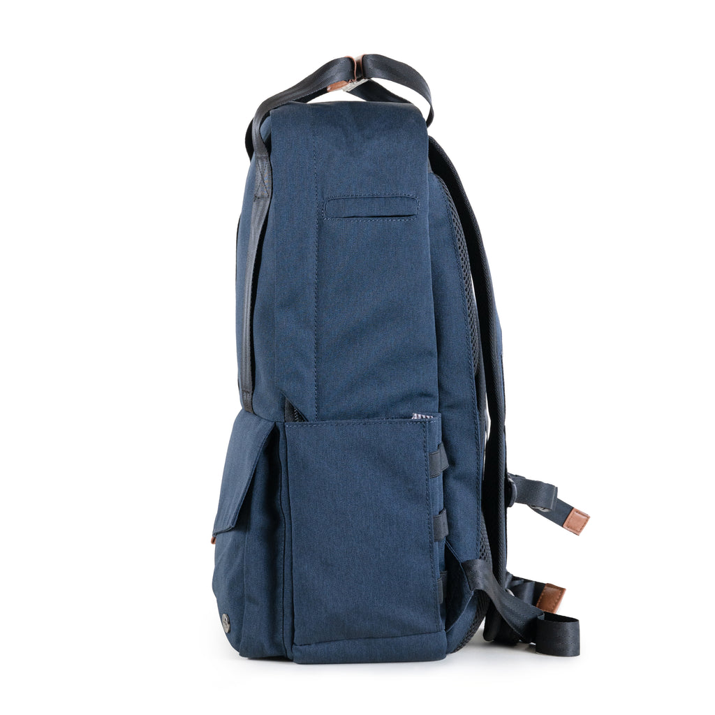 PKG Rosseau 19L Recycled Backpack Tote (navy) side view showing water bottle pocket