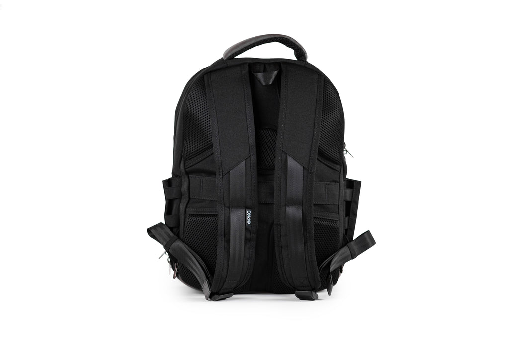 PKG Durham Commuter 17L recycled backpack (dark grey) back view showing adjustable straps and breathable padding