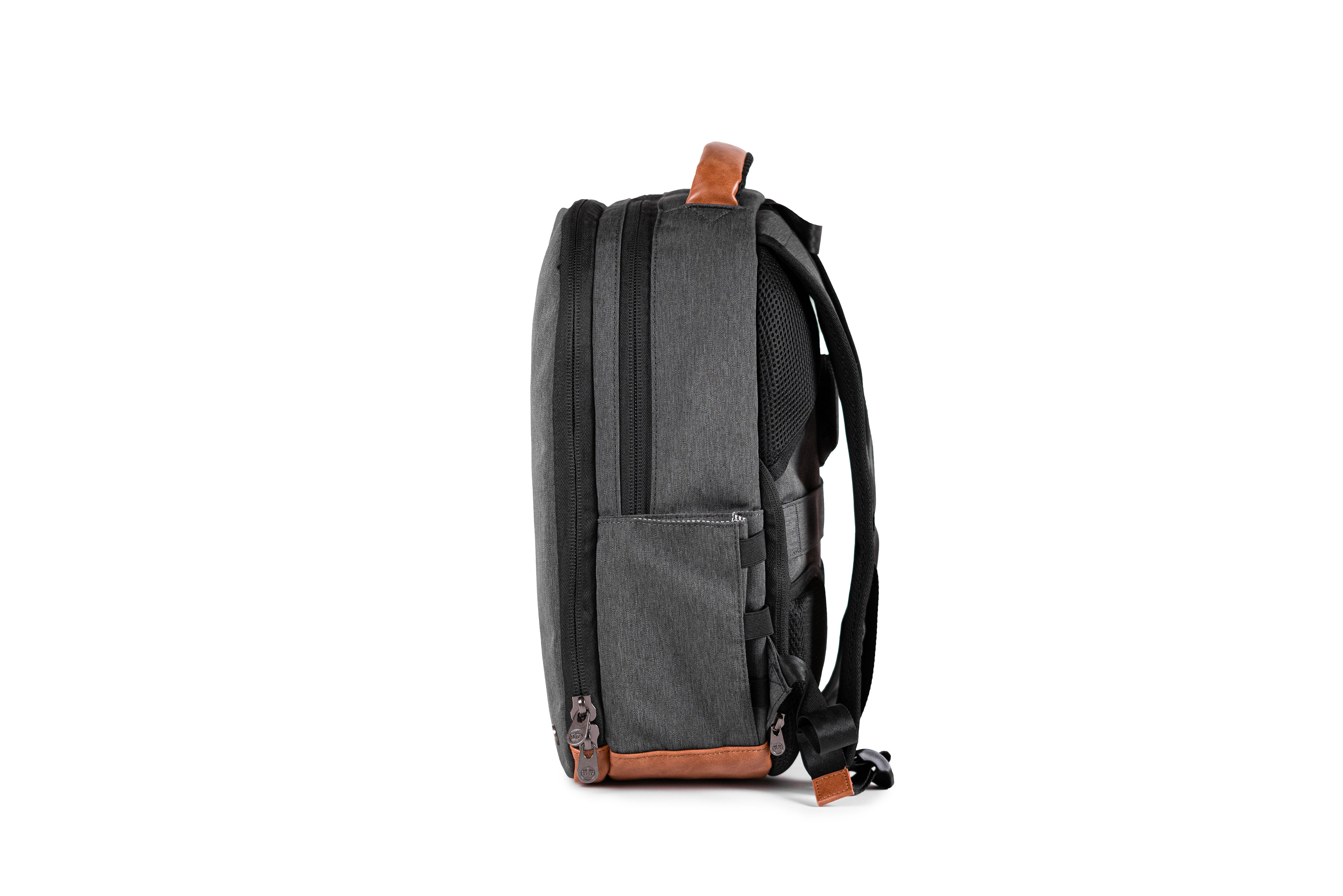 PKG Durham Commuter 17L recycled backpack (dark grey) side view showing water bottle pocket
