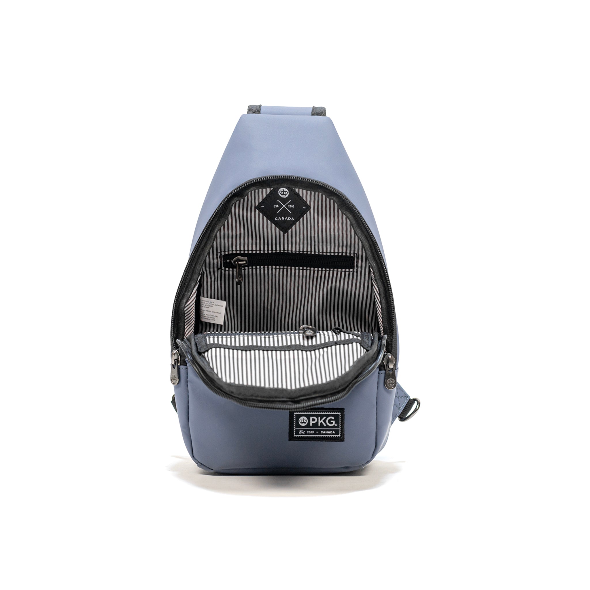 Elora Recycled Cross Body Bag (vintage blue) open, showing inner organization and pockets