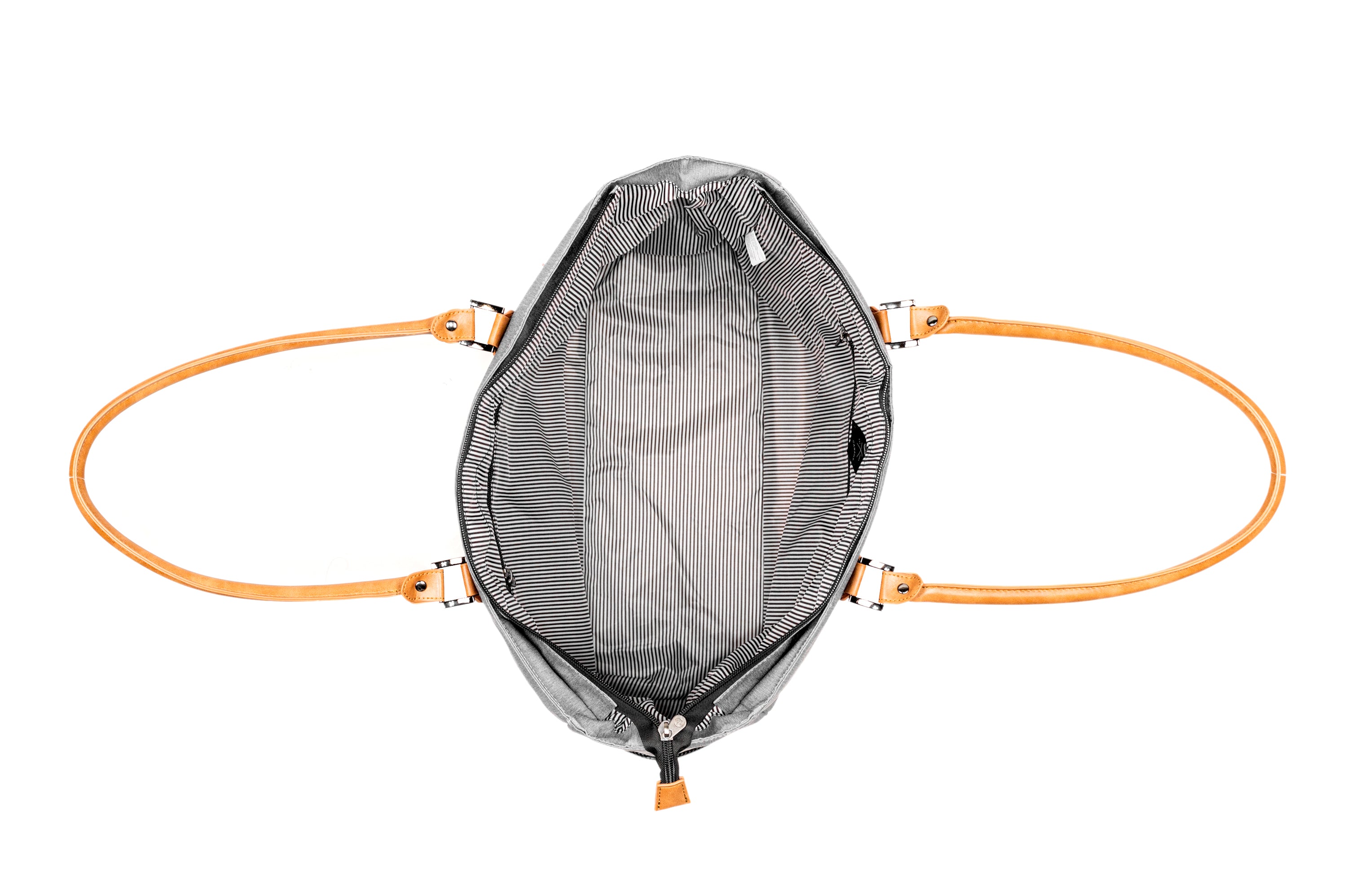 PKG Georgian 33L Recycled Tote Bag (light grey) open top view, showing spaciousness of bag for hauling anything