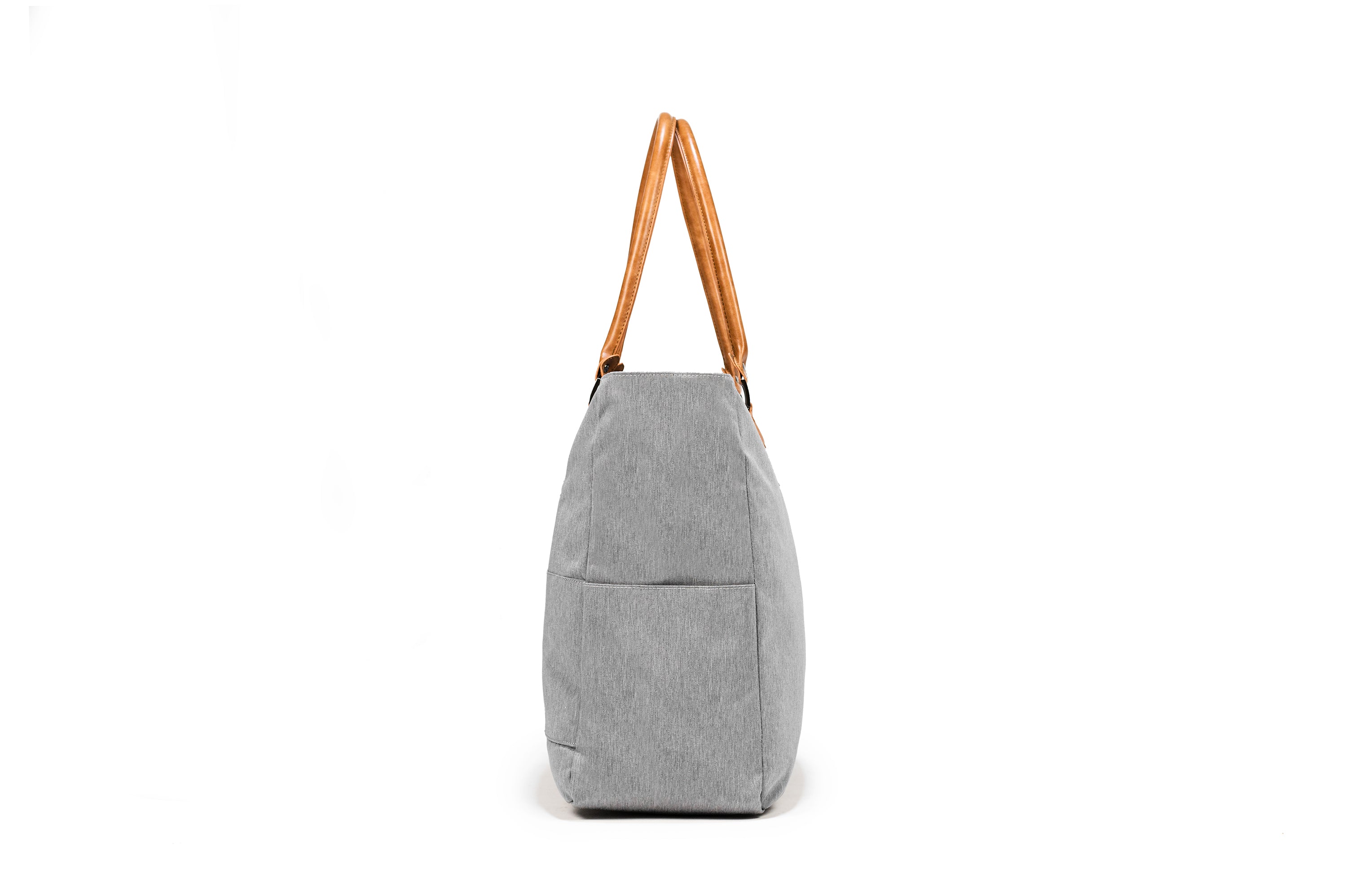 PKG Georgian 33L Recycled Tote Bag (light grey) side view showing water bottle pocket