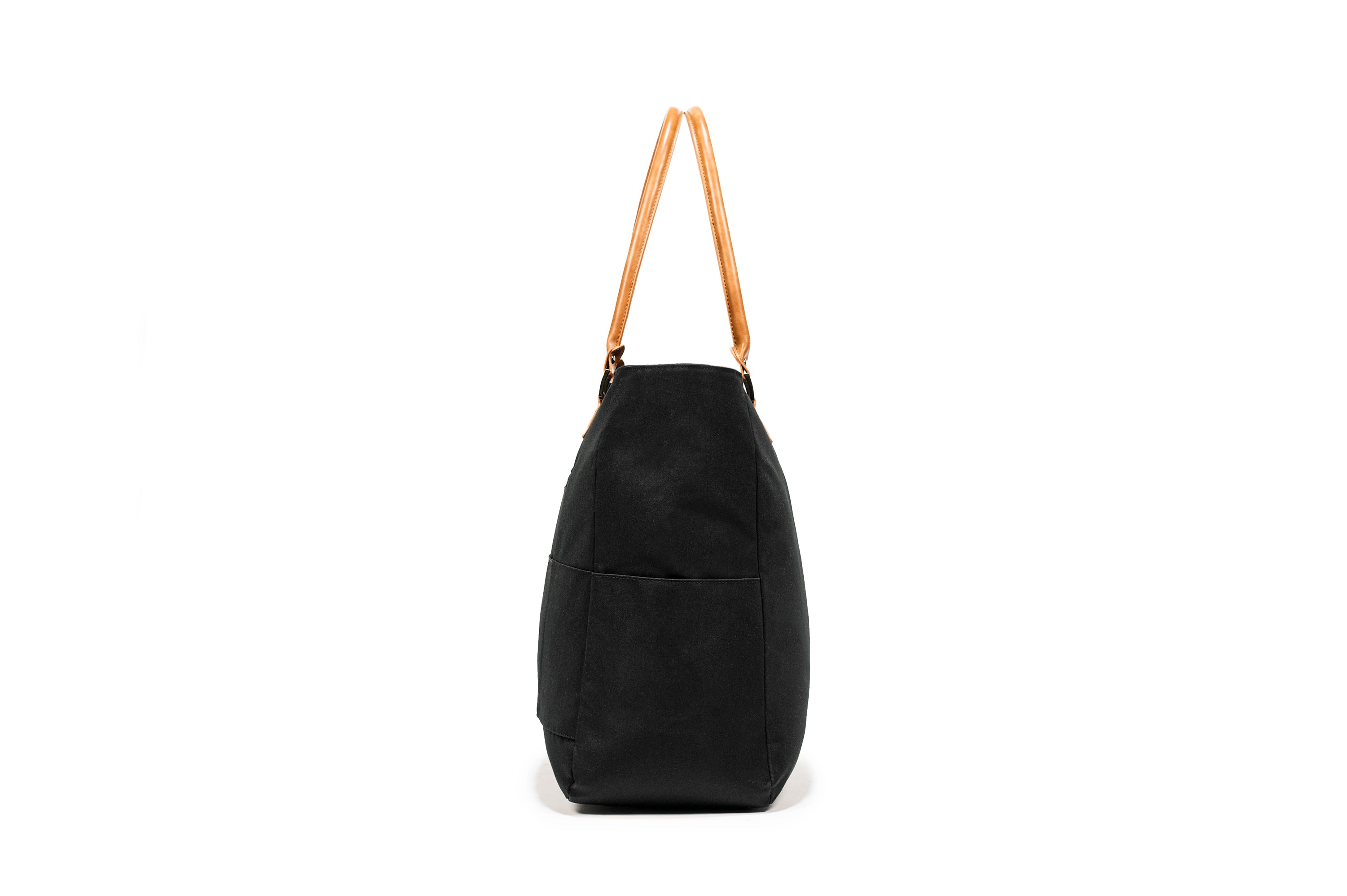 PKG Georgian 33L Recycled Tote Bag (black) side view showing water bottle pocket