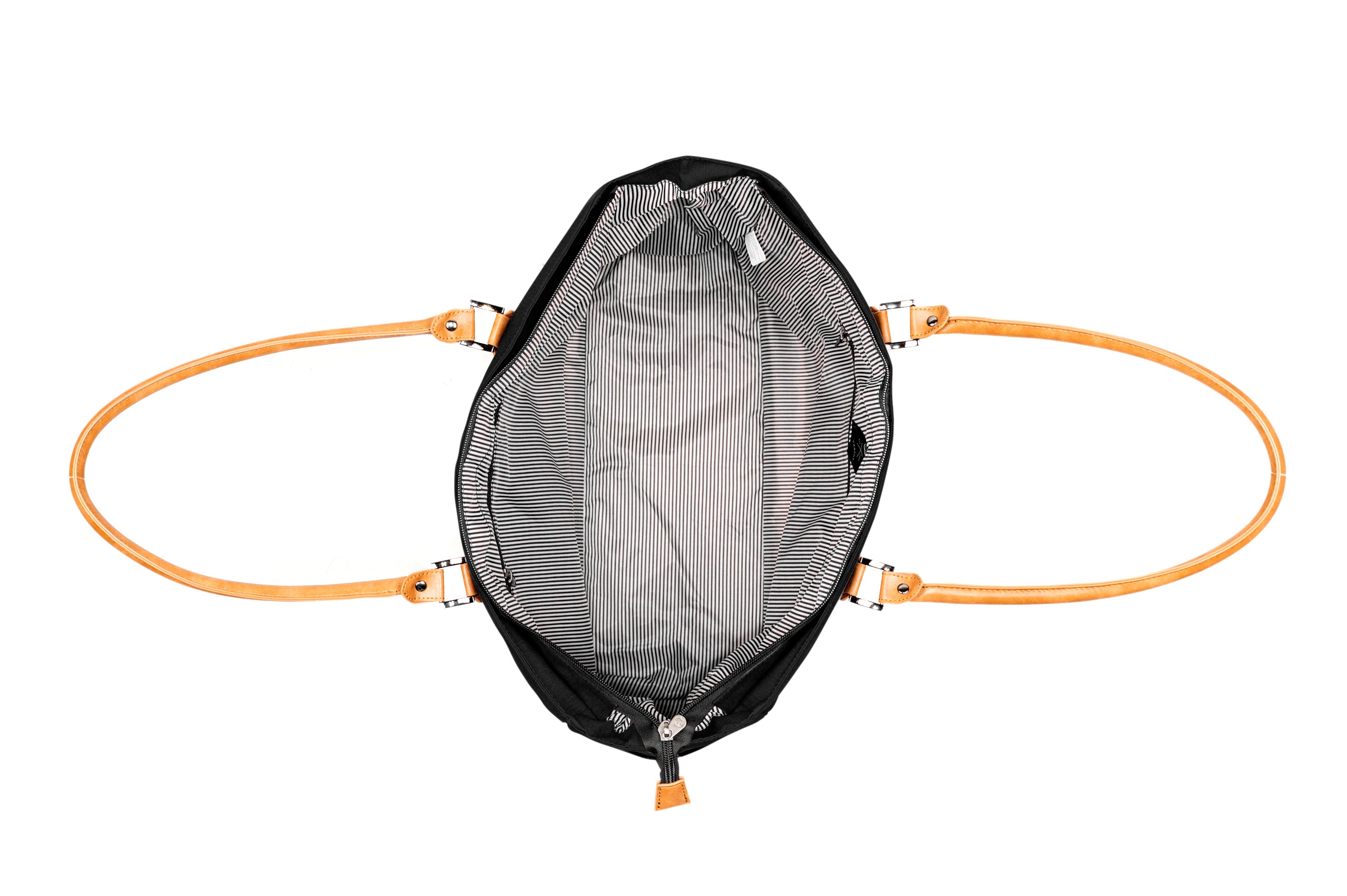 PKG Georgian 33L Recycled Tote Bag (black) open top view, showing spaciousness of bag for hauling anything
