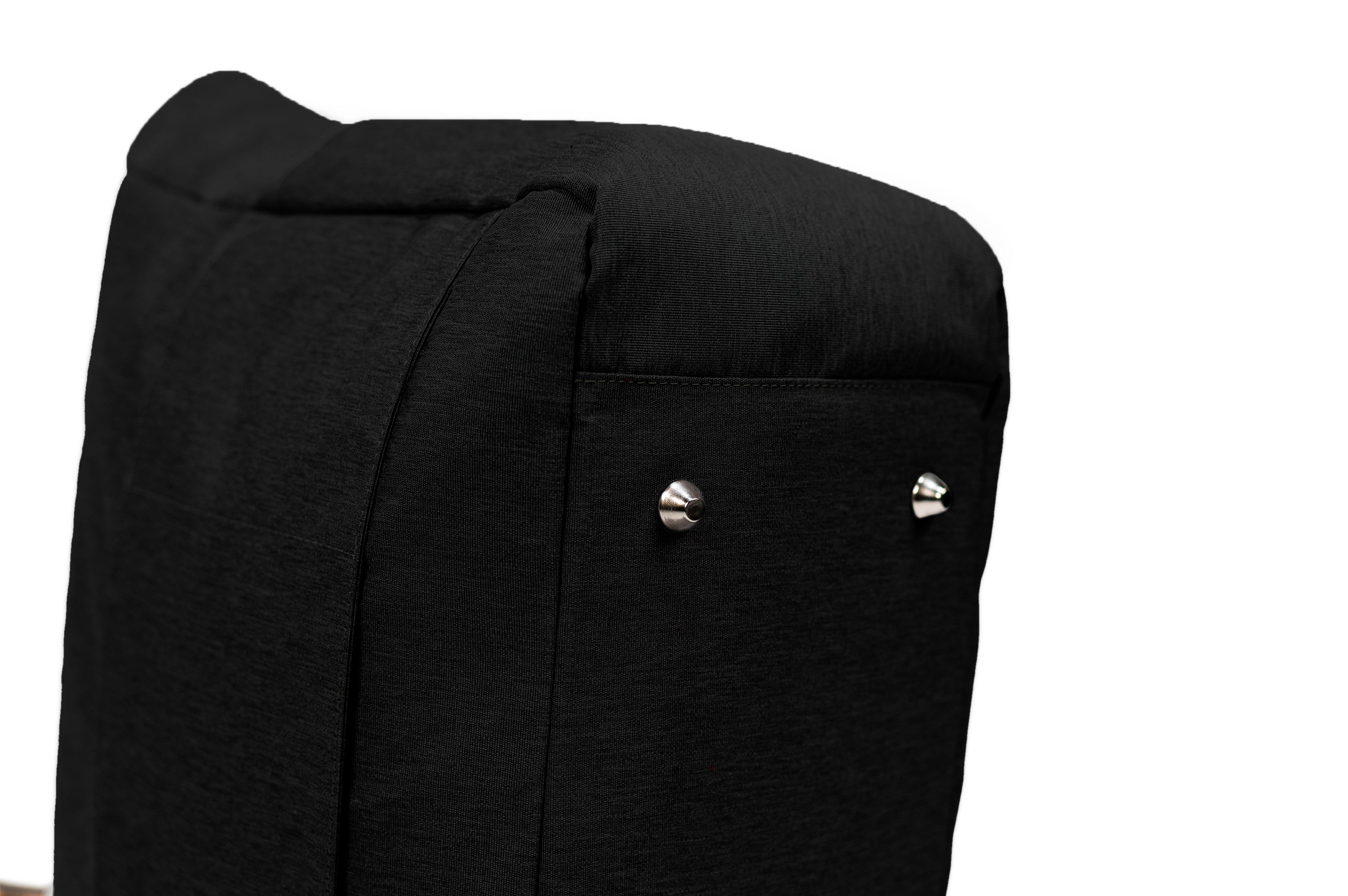 PKG Georgian 33L Recycled Tote Bag (black) bottom view showing durable metal feet to ensure contents stay protected
