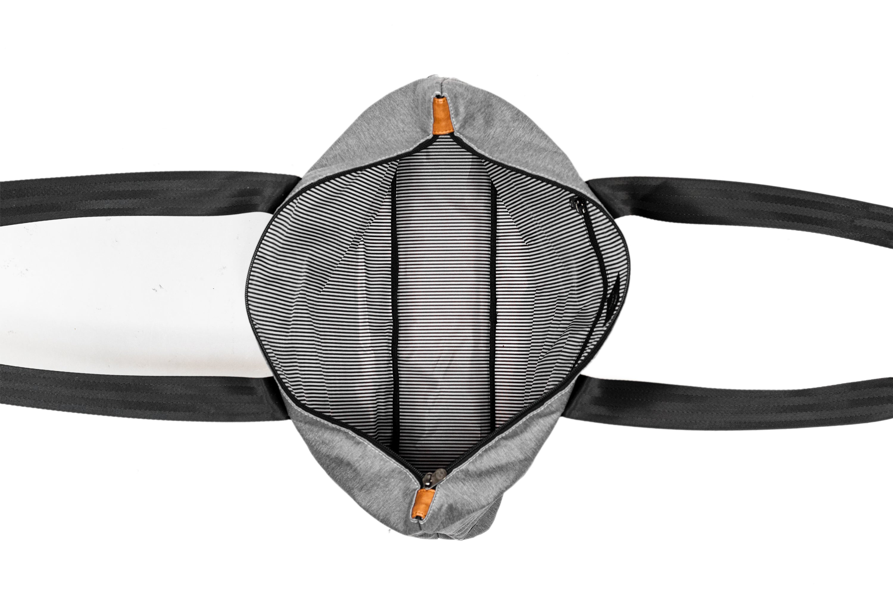 PKG Lawrence 16L Recycled Tote Bag (light grey) top open view showing spacious interior for packing, as well as an inner pocket for valuables