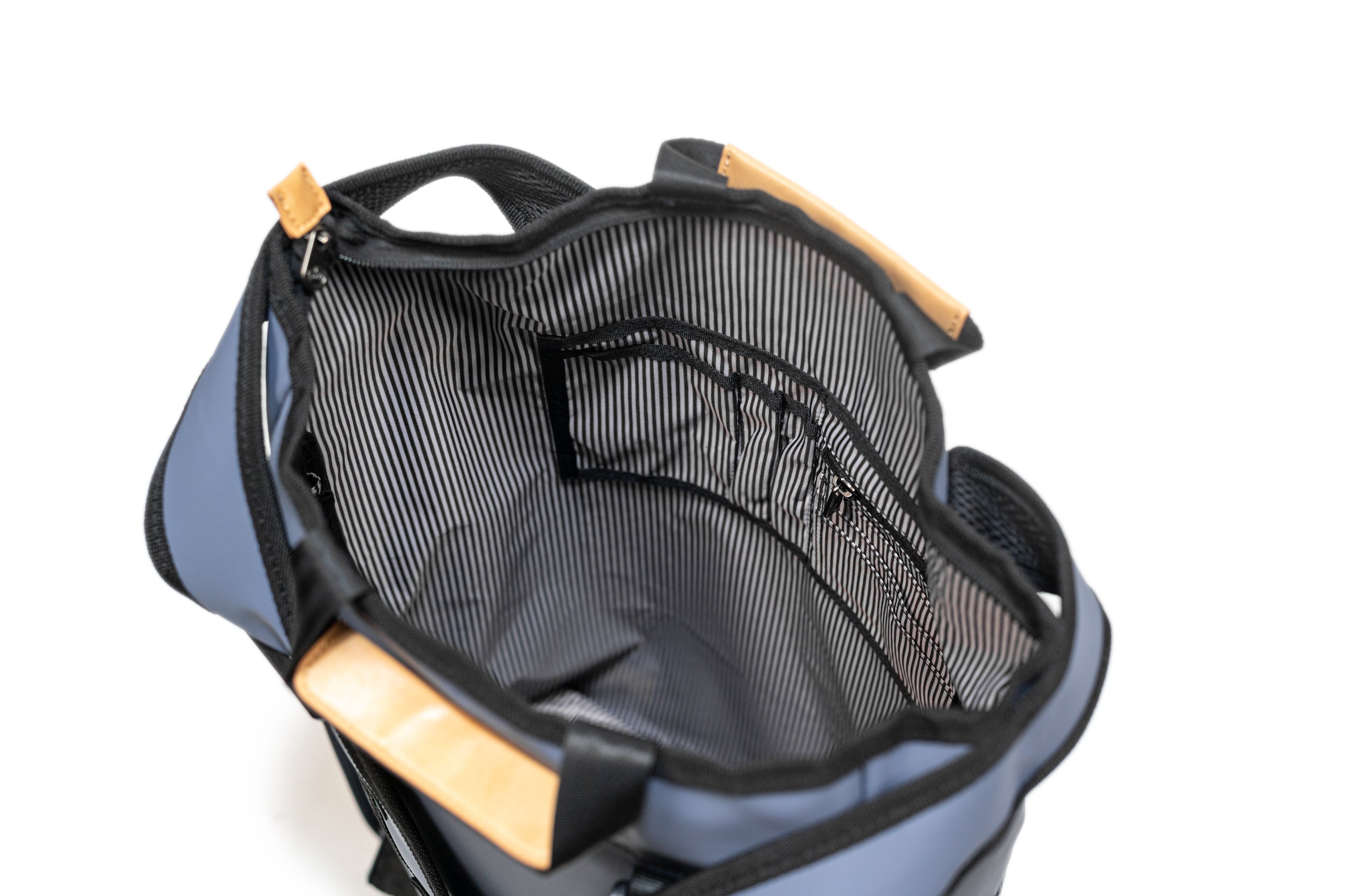 Liberty 23L recycled backpack (vintage blue) top open view showing spacious interior with built in organization and pockets