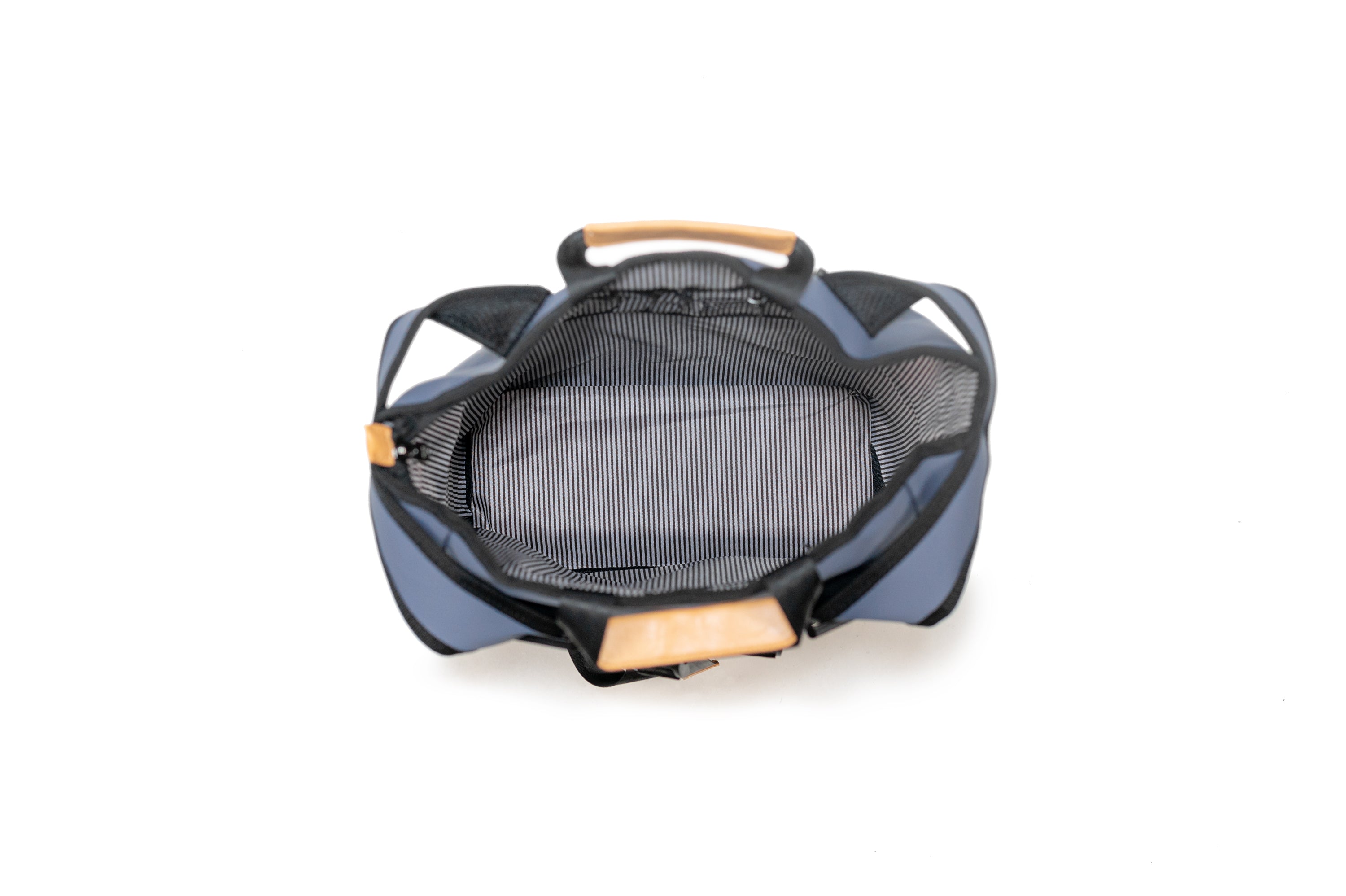 Liberty 23L recycled backpack (vintage blue) top open view showing spacious interior with built in organization and pockets