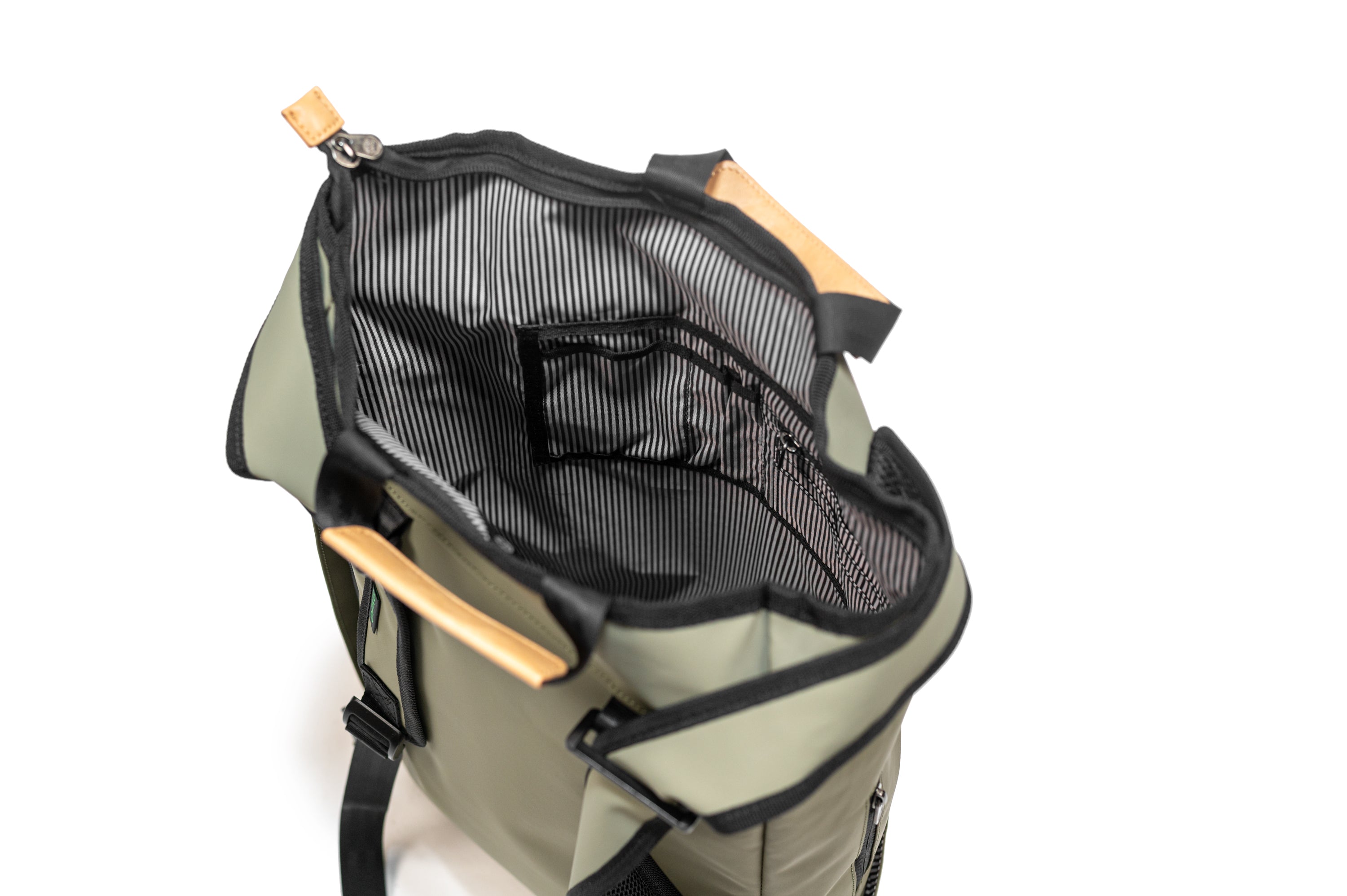 Liberty 23L recycled backpack (tranquil green) top open view showing spacious interior with built in organization and pockets