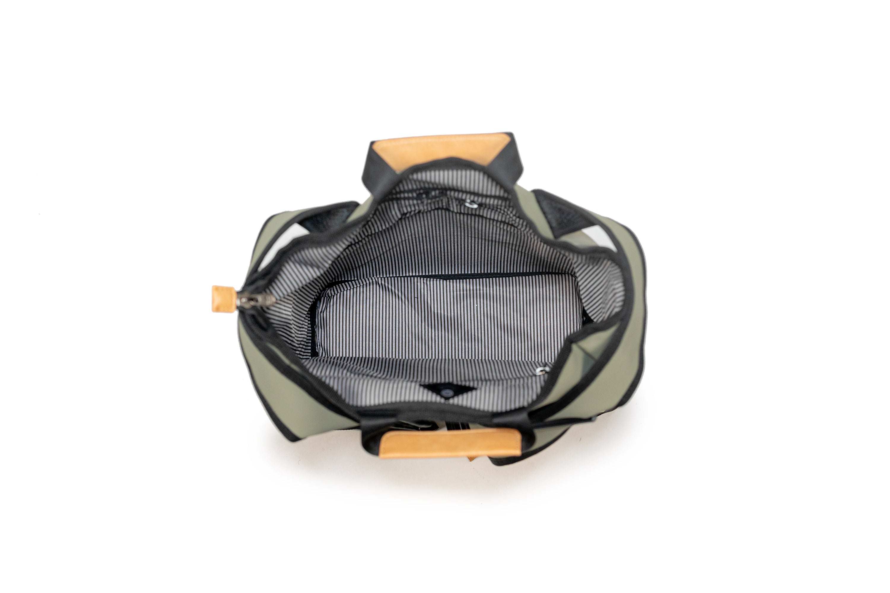 Liberty 23L recycled backpack (tranquil green) top open view showing spacious interior with built in organization and pockets