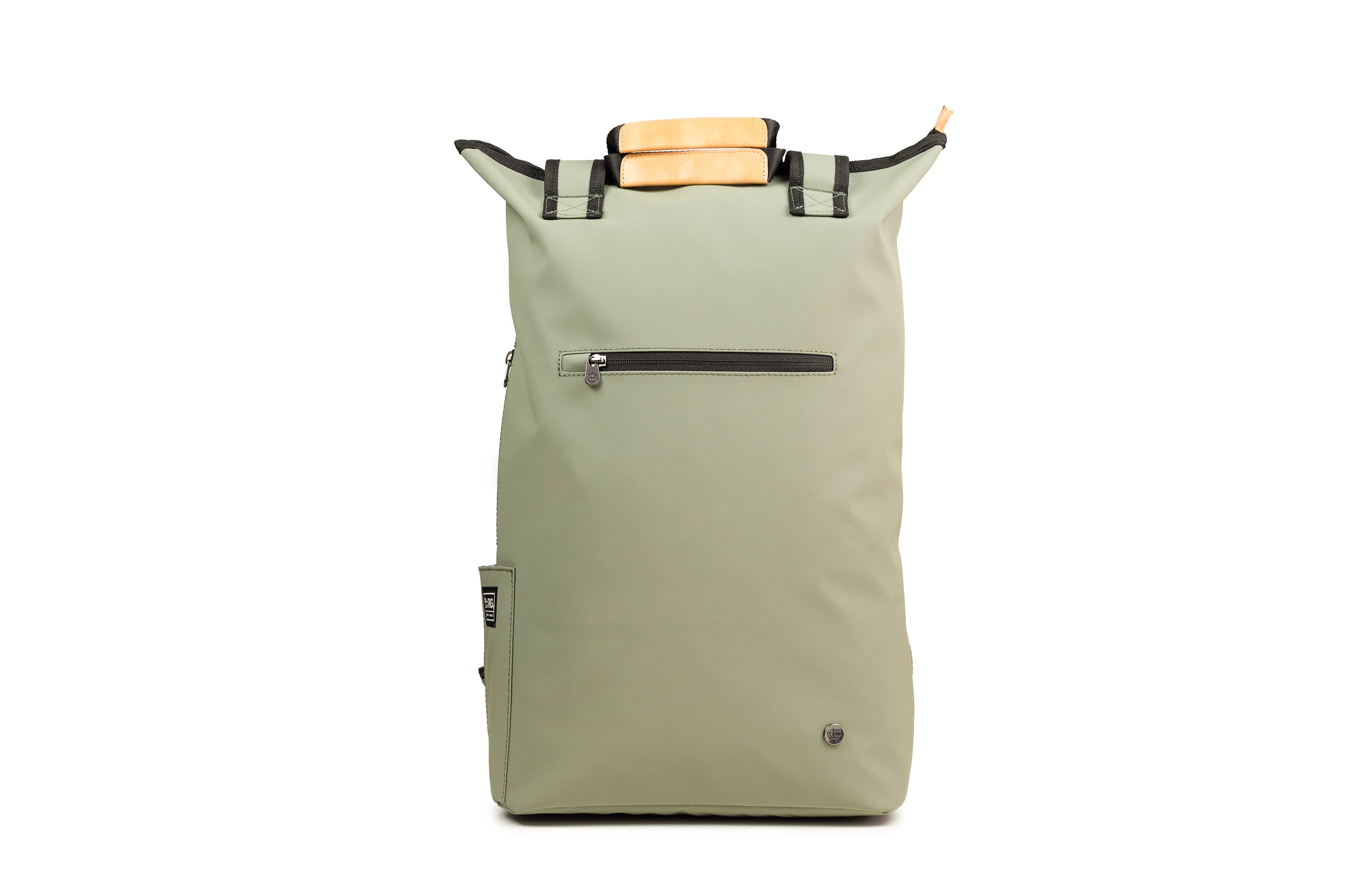 Liberty 23L recycled backpack (tranquil green) front view showing additional easy access storage for valuables